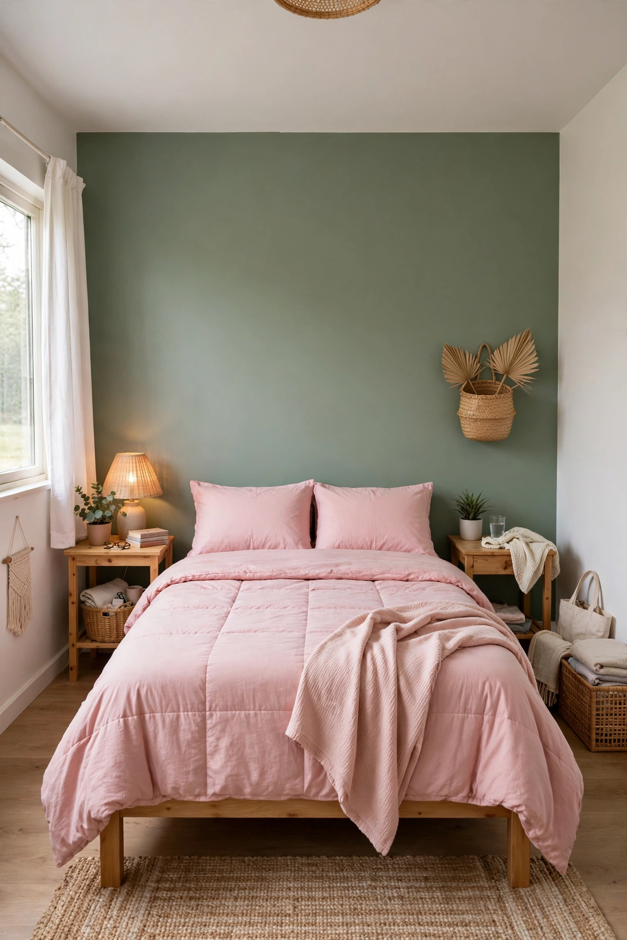 Budget bedroom refresh with sage accent wall and new pink bedding