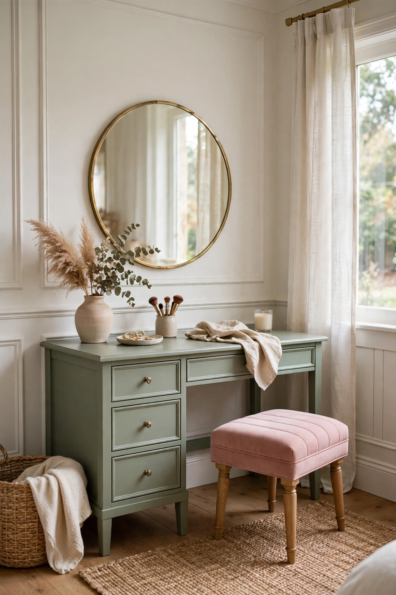 Bedroom vanity corner with sage green desk, pink upholstered stool, and round mirror