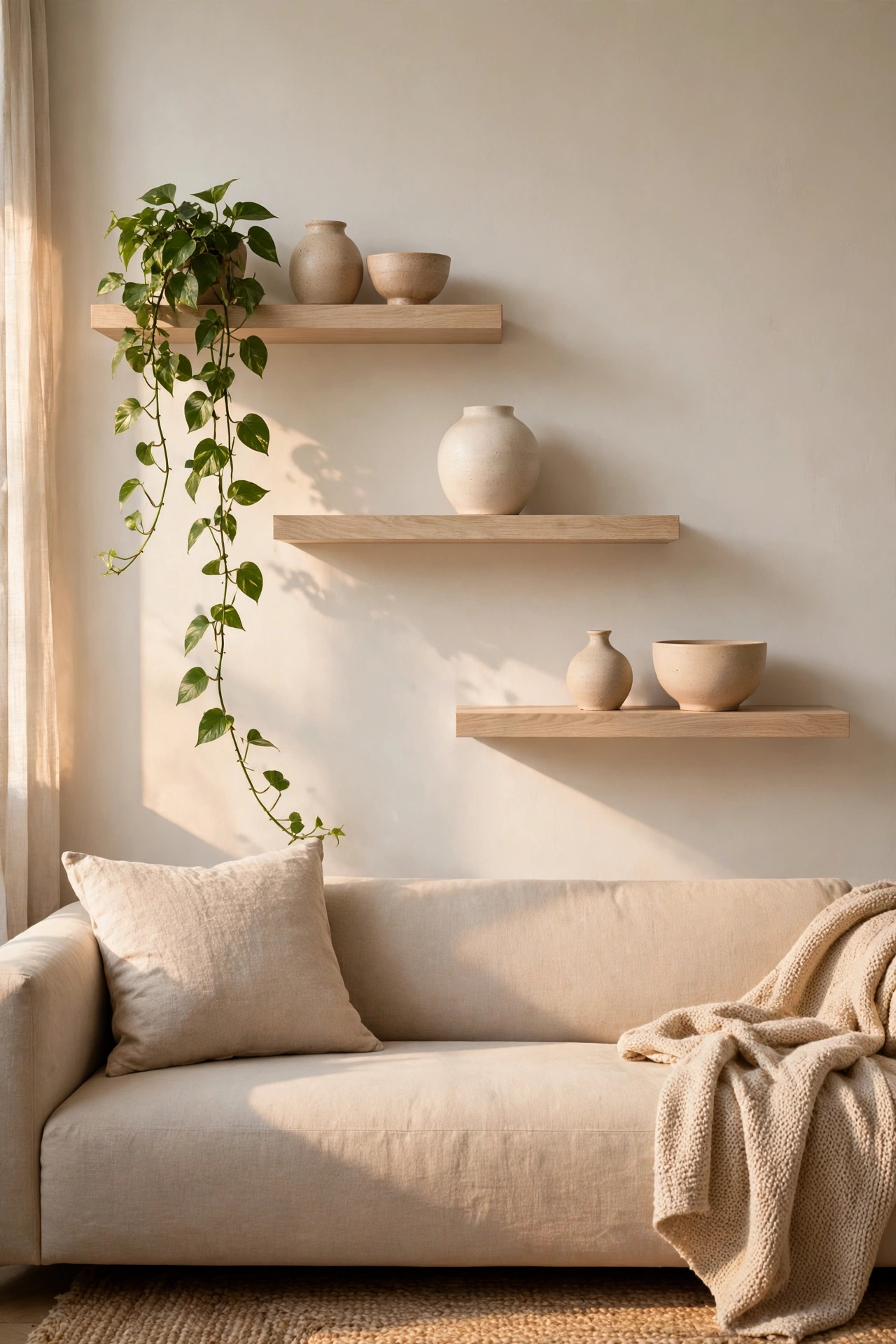 Minimalist white oak staggered floating shelves above a sofa
