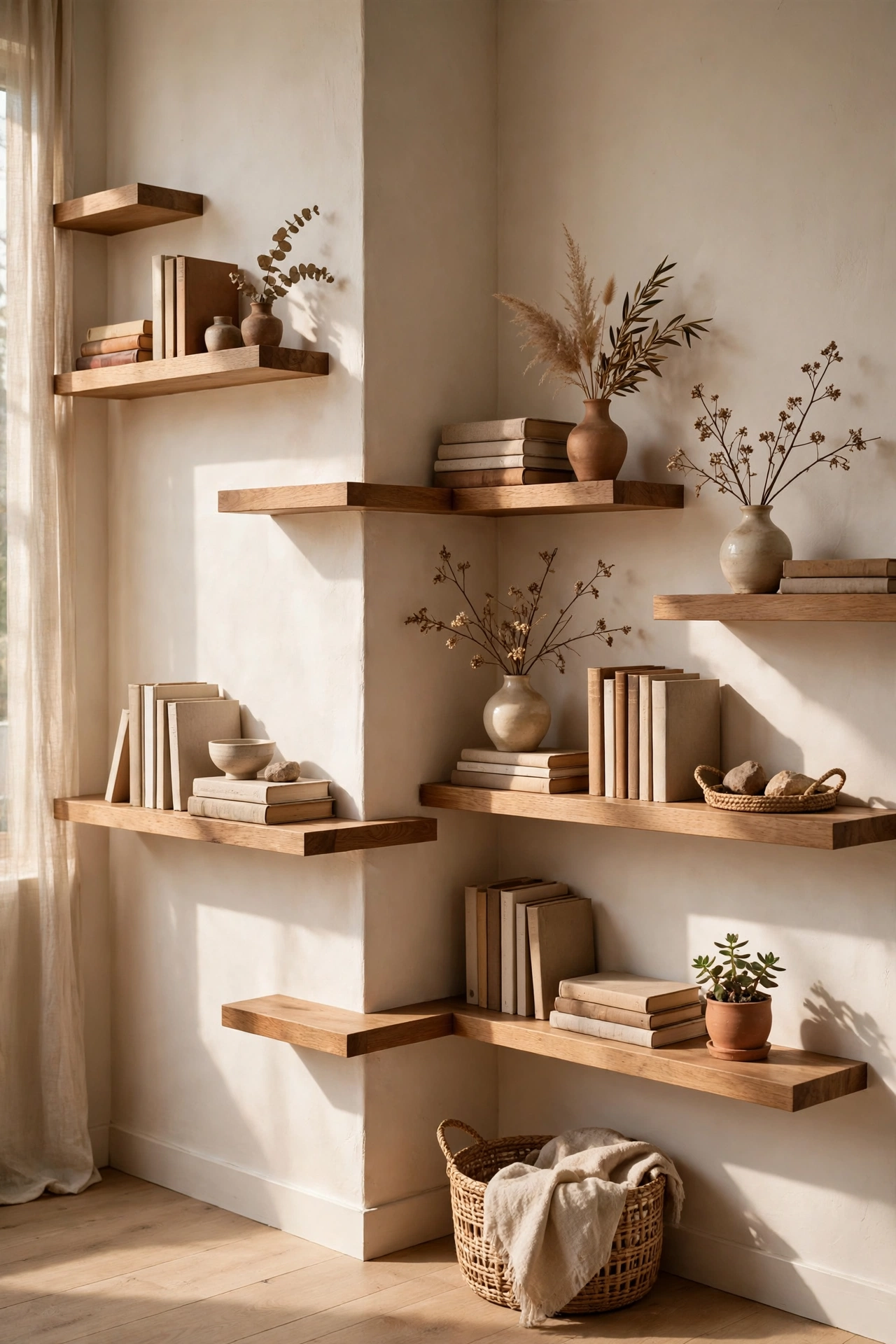 Corner cascade of staggered floating shelves wrapping two walls
