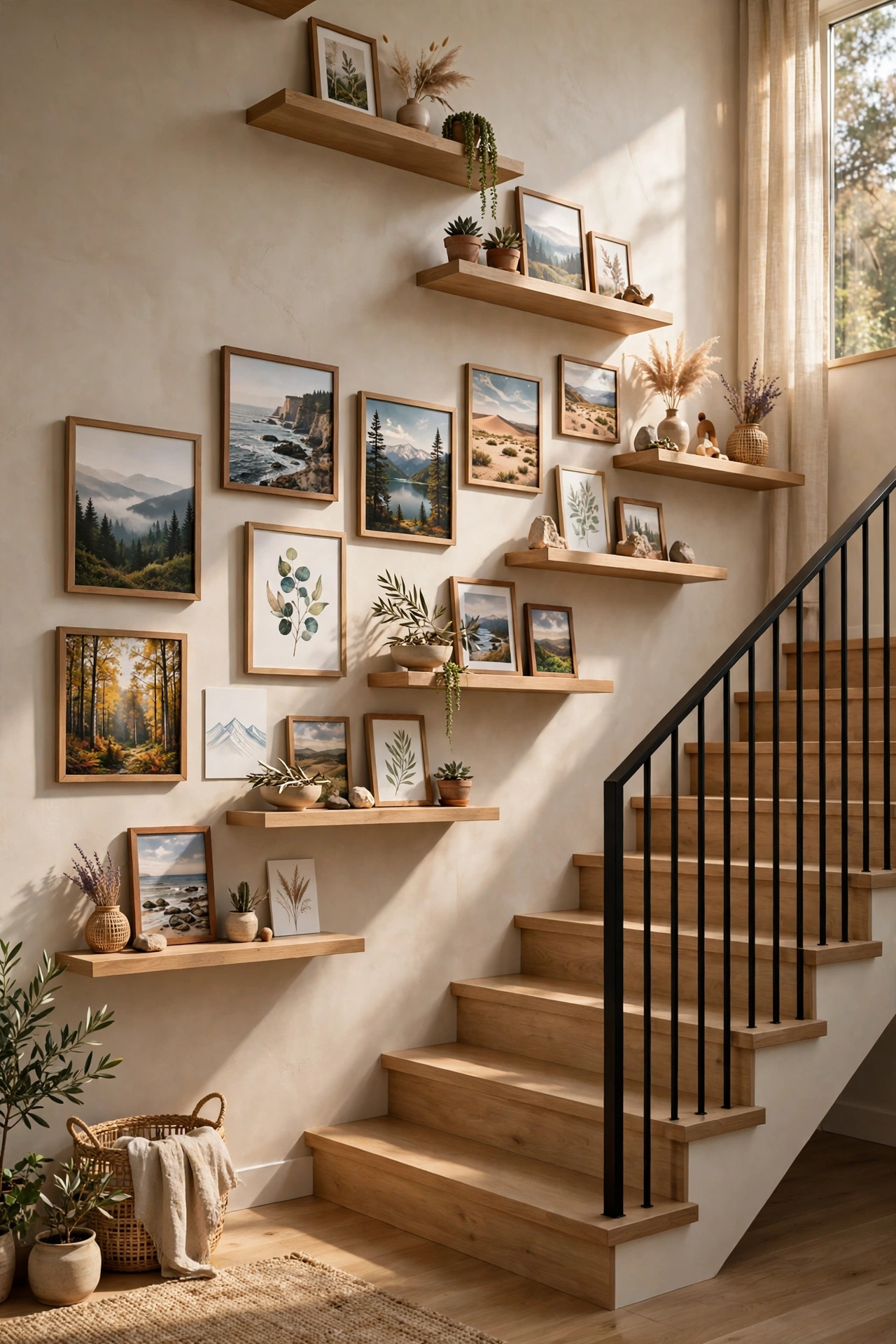 Staircase wall with staggered floating shelves climbing beside the stairs