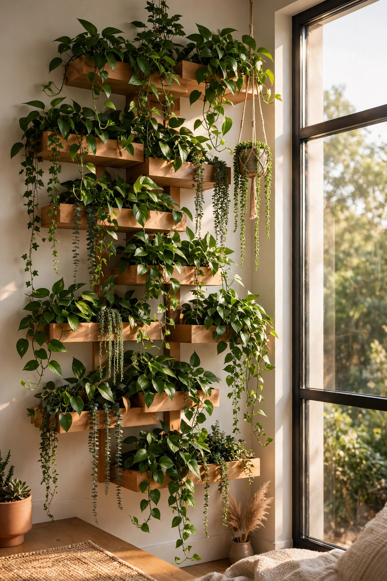 Trailing plant living wall on staggered floating shelves near a window