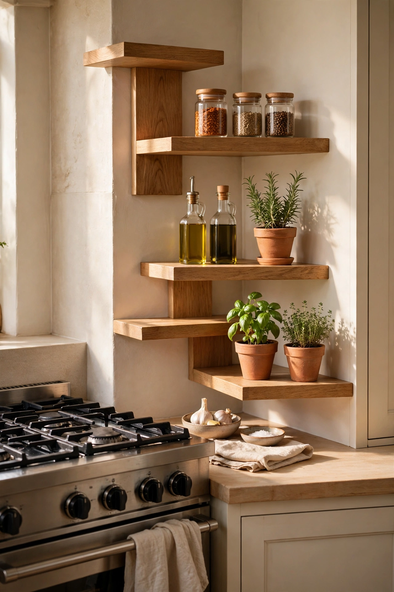 Kitchen staggered shelves with spice jars, oils and herb pots