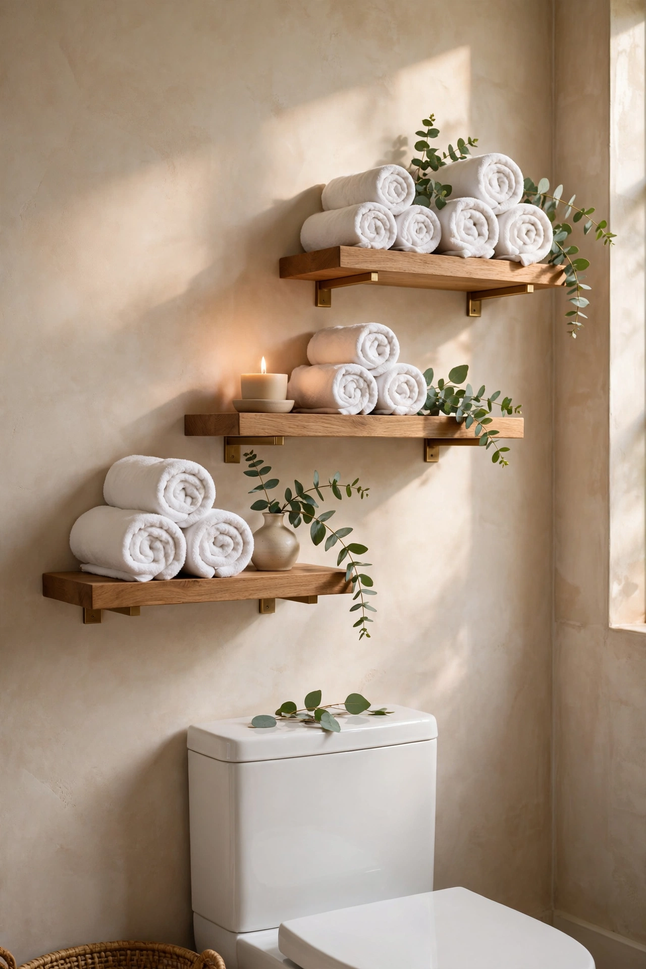 Bathroom staggered shelves above the toilet styled with towels and eucalyptus