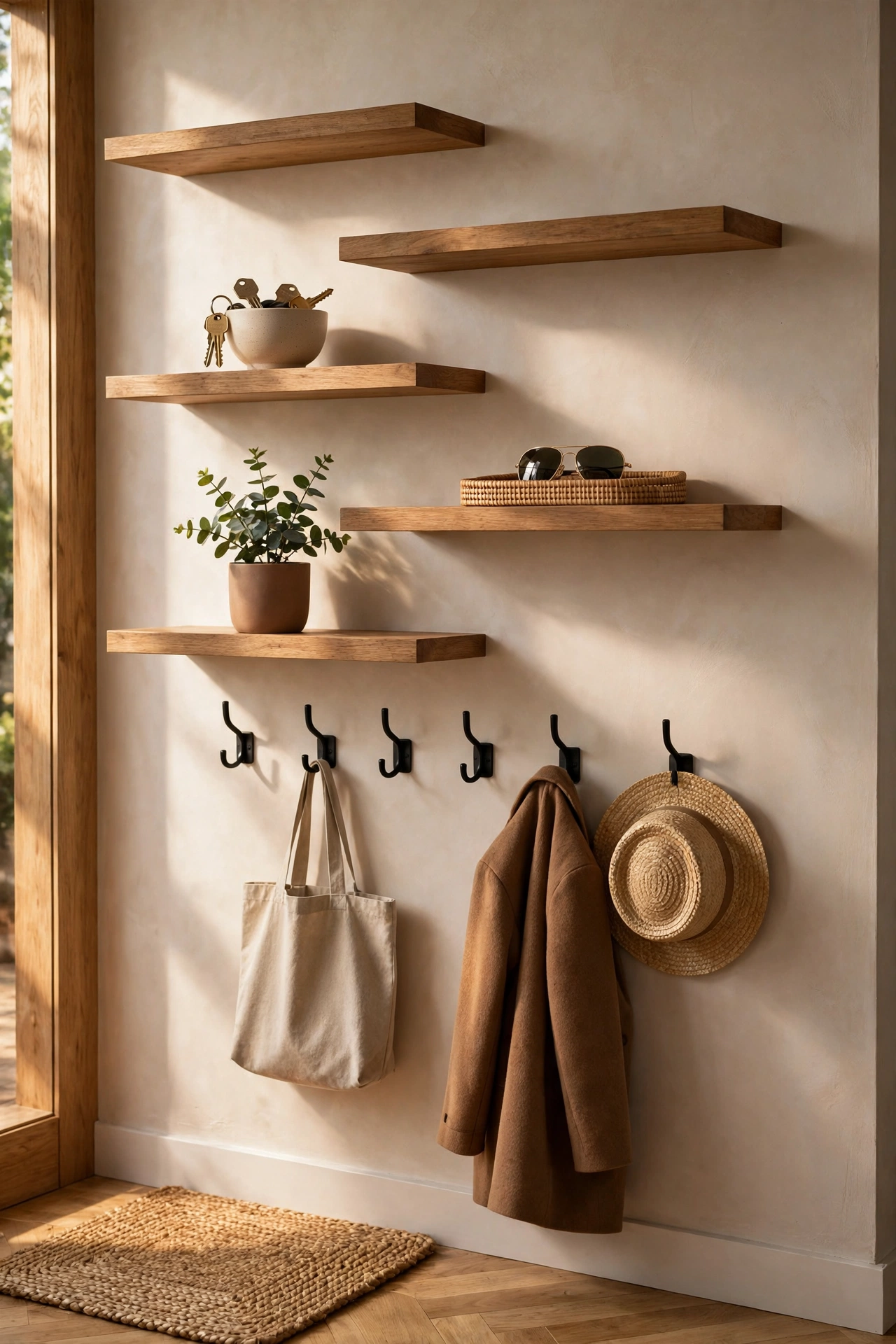 Entryway staggered shelves as a drop zone with key bowl and hooks