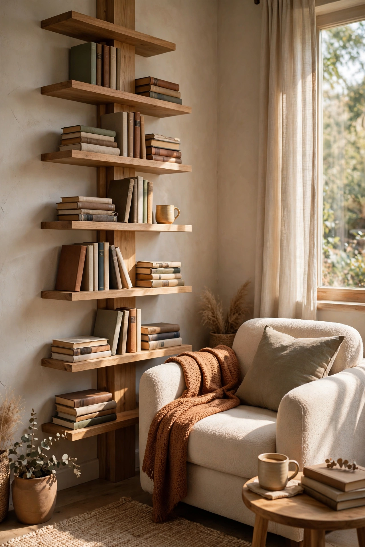 Reading nook with a vertical column of staggered shelves beside an armchair