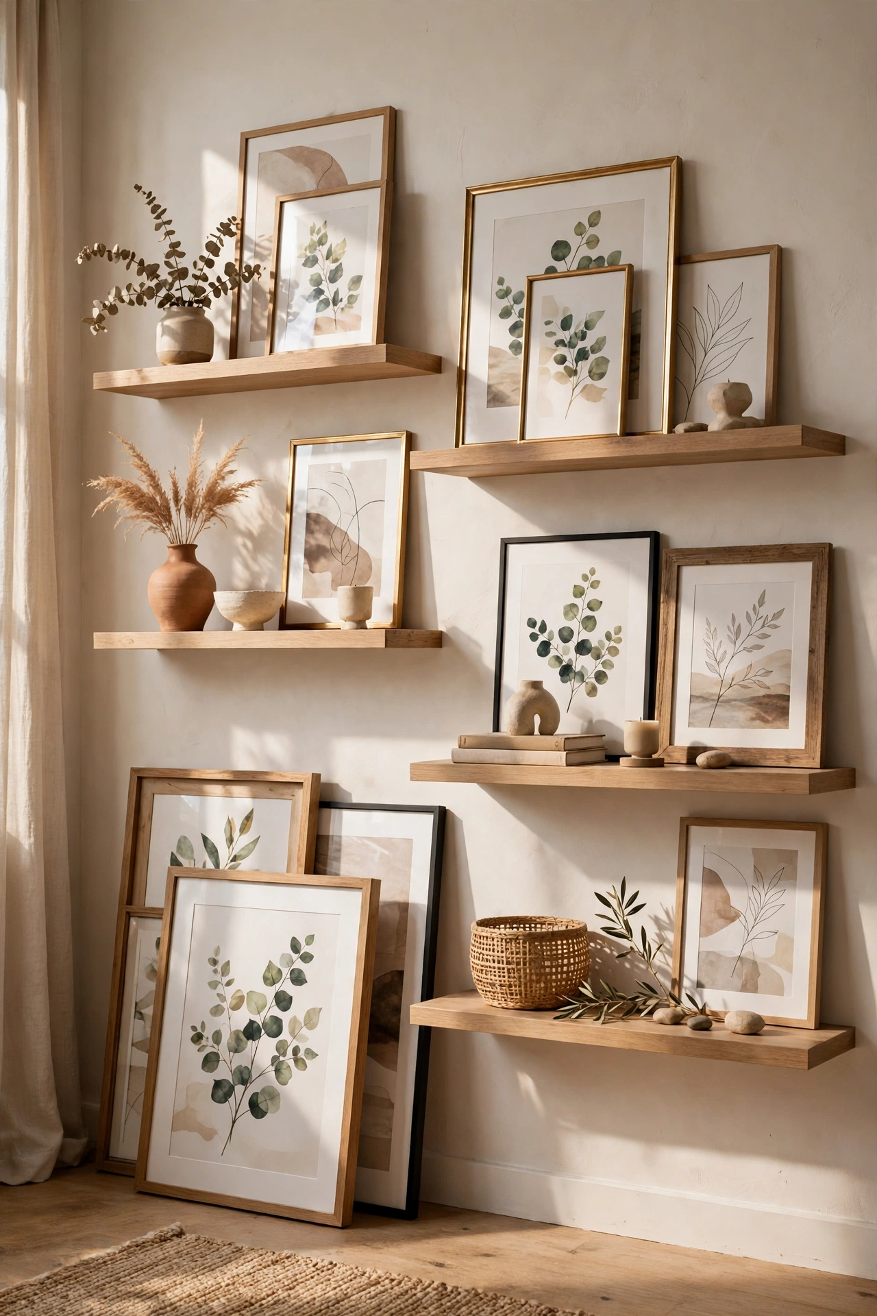 Gallery wall mixing staggered floating shelves with framed art