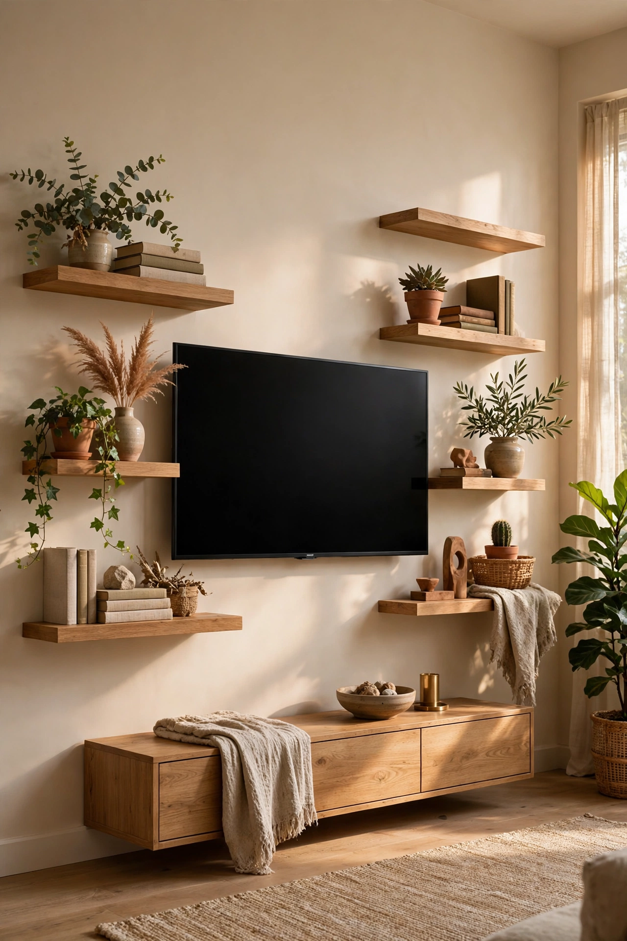 TV wall with staggered shelves offset on both sides of the television