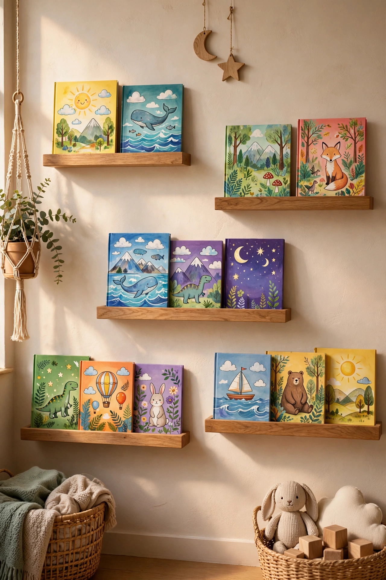 Kids room staggered book ledges with colorful books facing outward