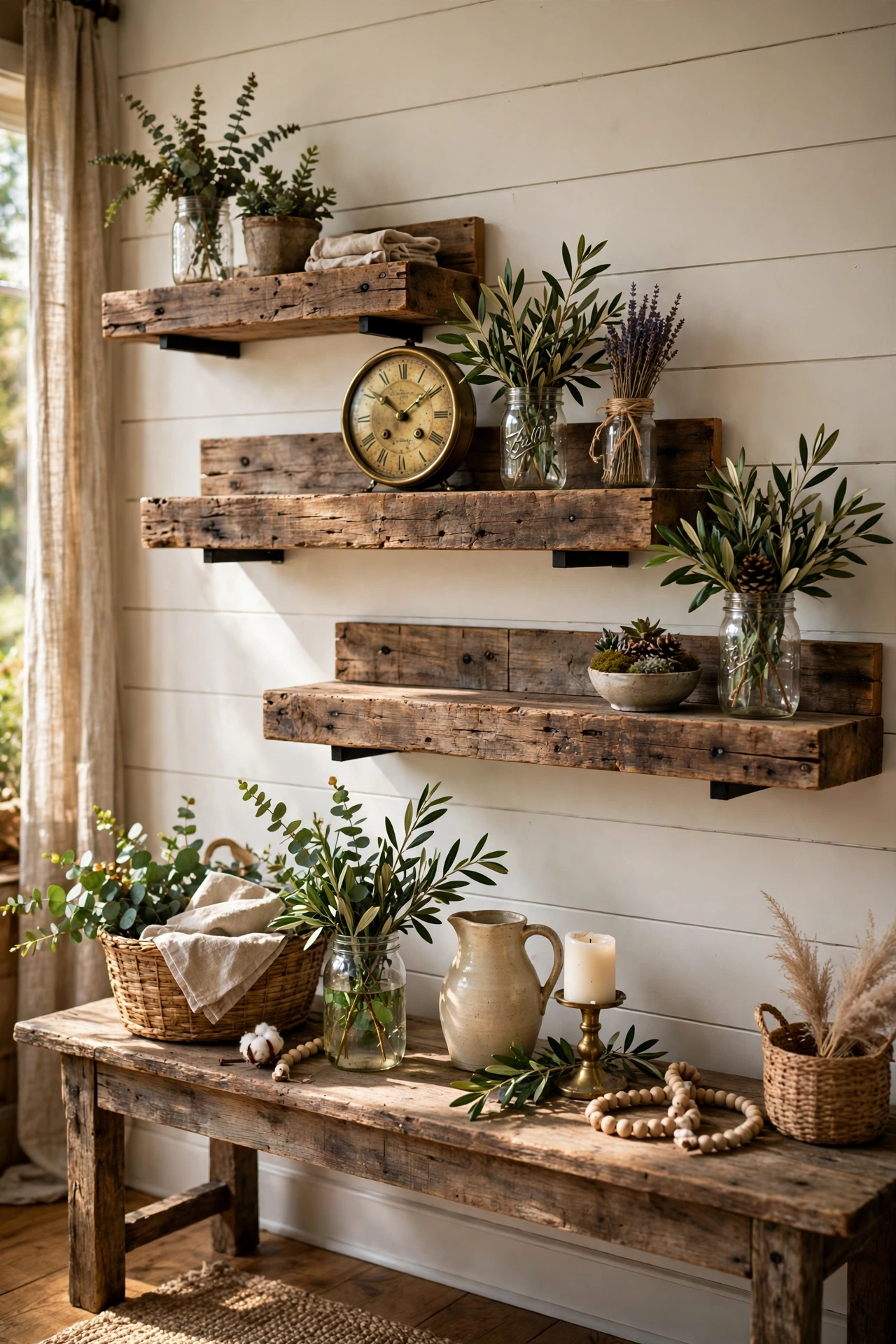 Rustic reclaimed wood staggered floating shelves above a console table