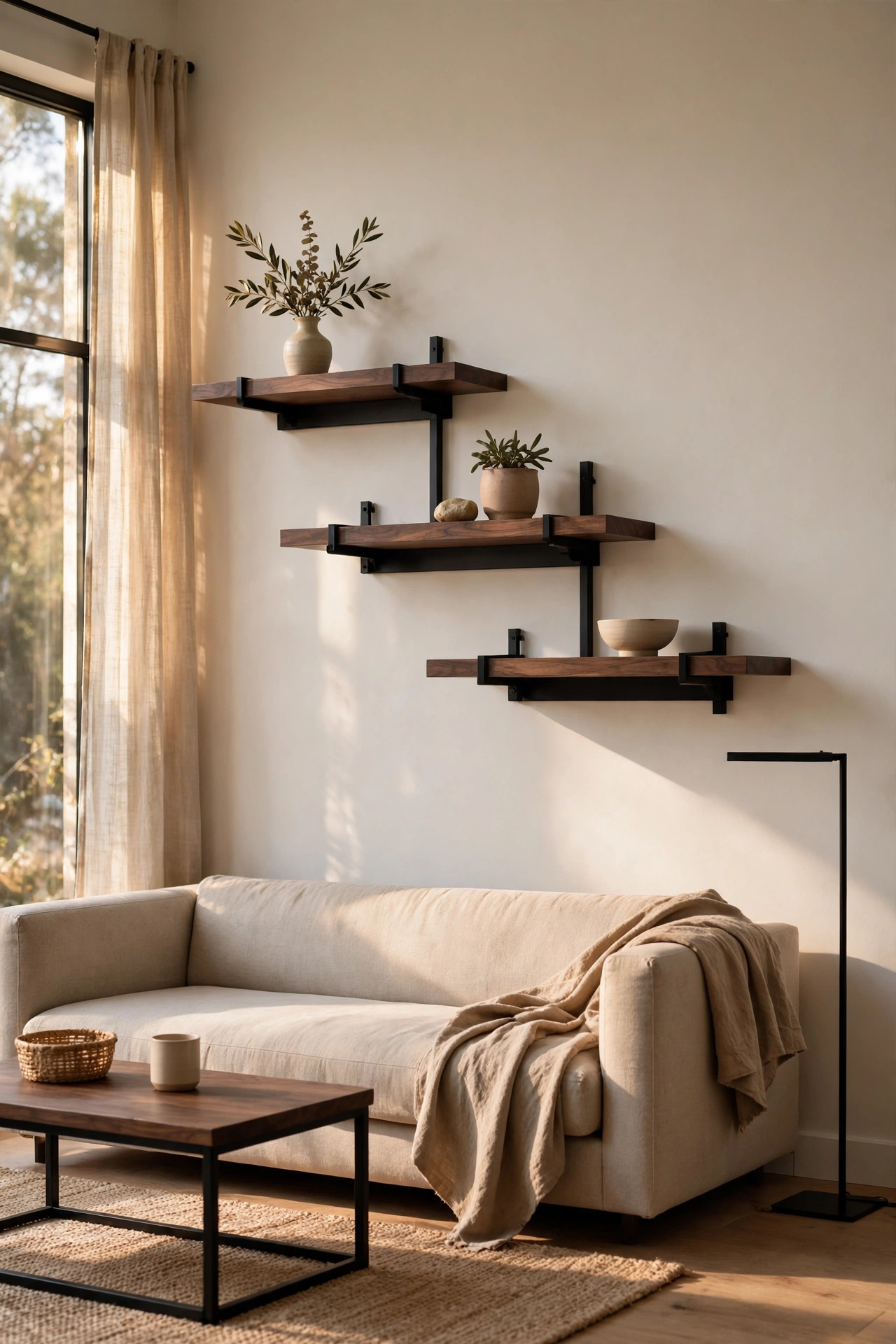 Modern dark walnut staggered shelves with black metal accents