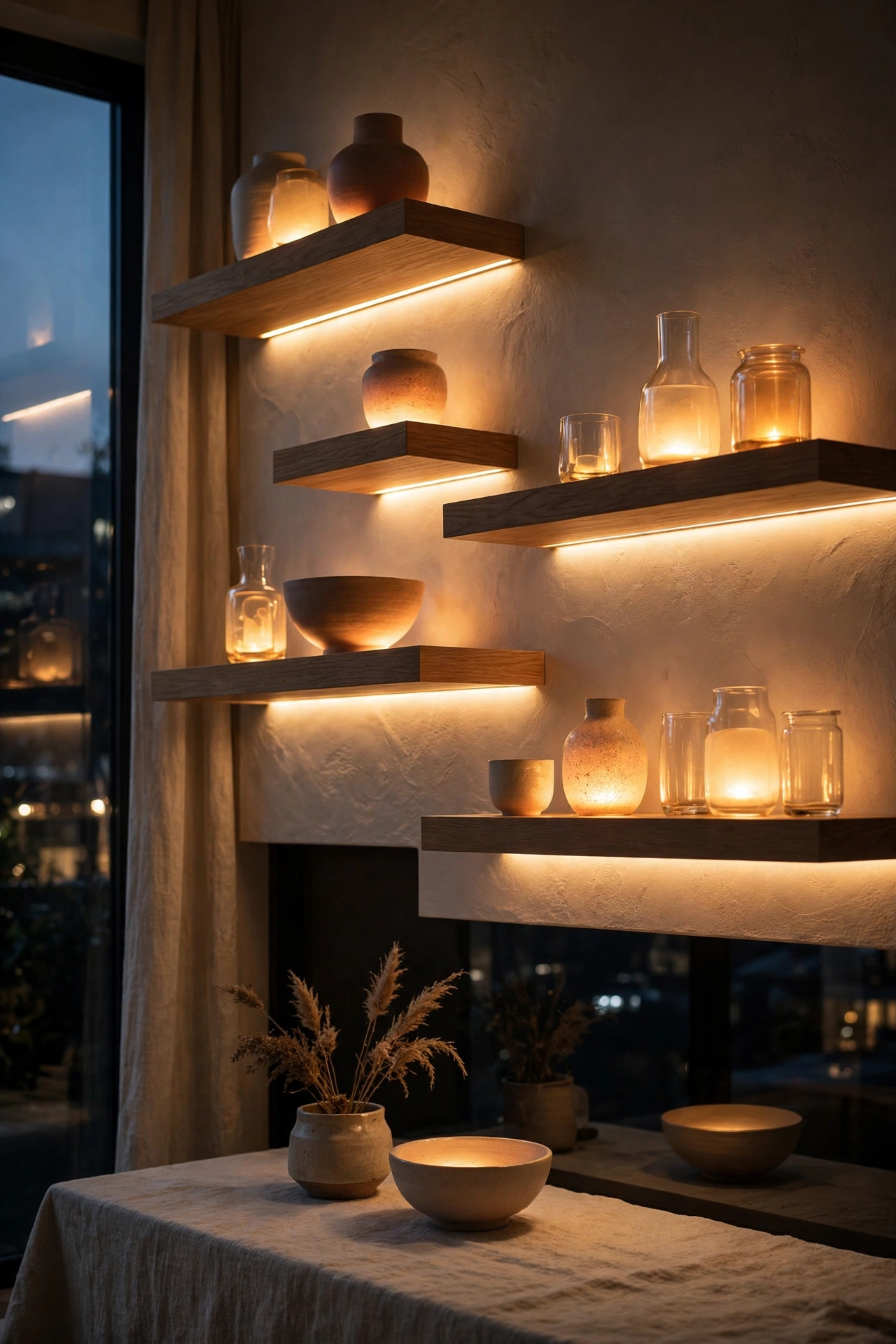 Staggered floating shelves with warm LED lighting underneath