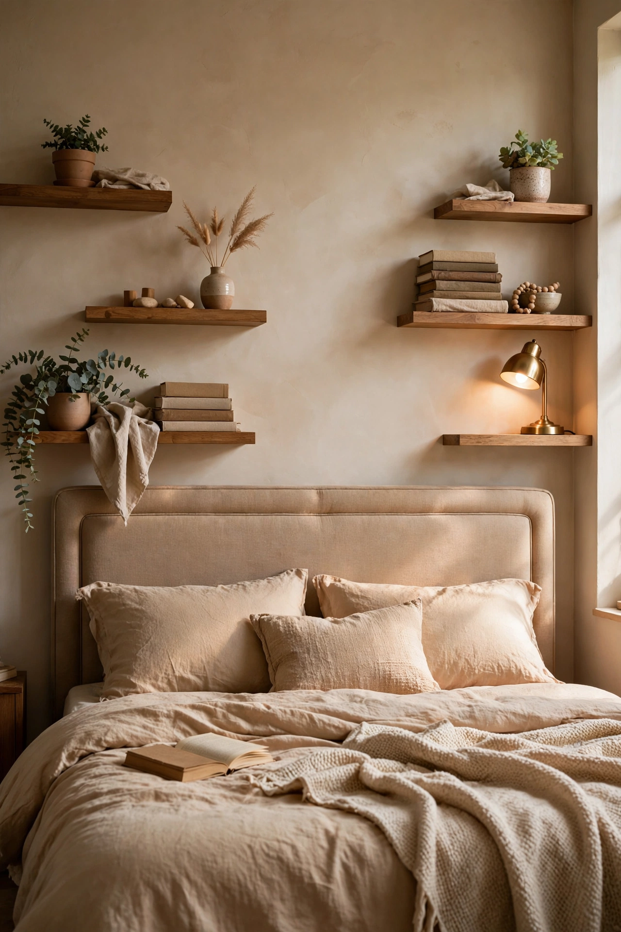 Bedroom staggered shelves flanking a headboard