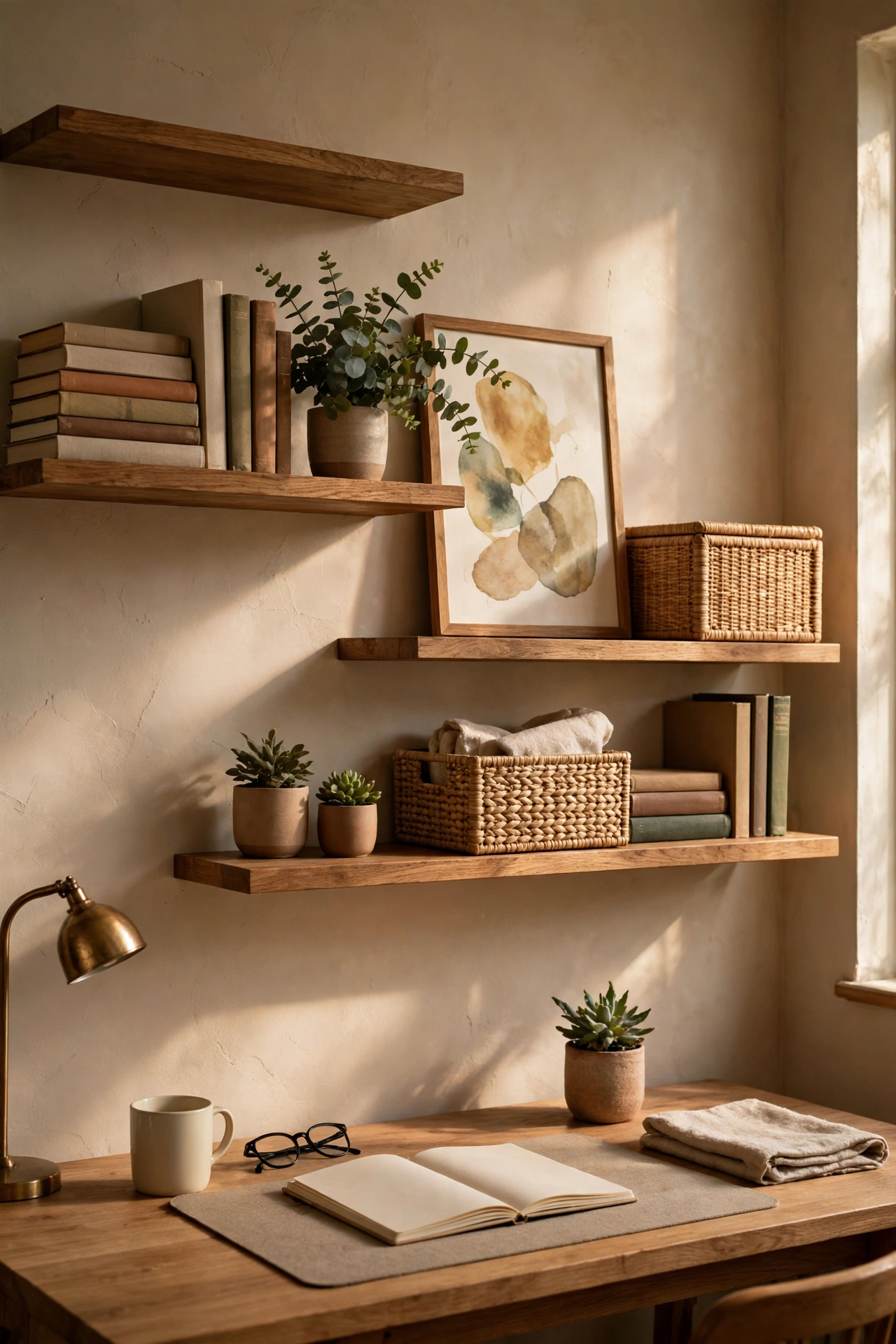 Home office staggered shelves above a desk