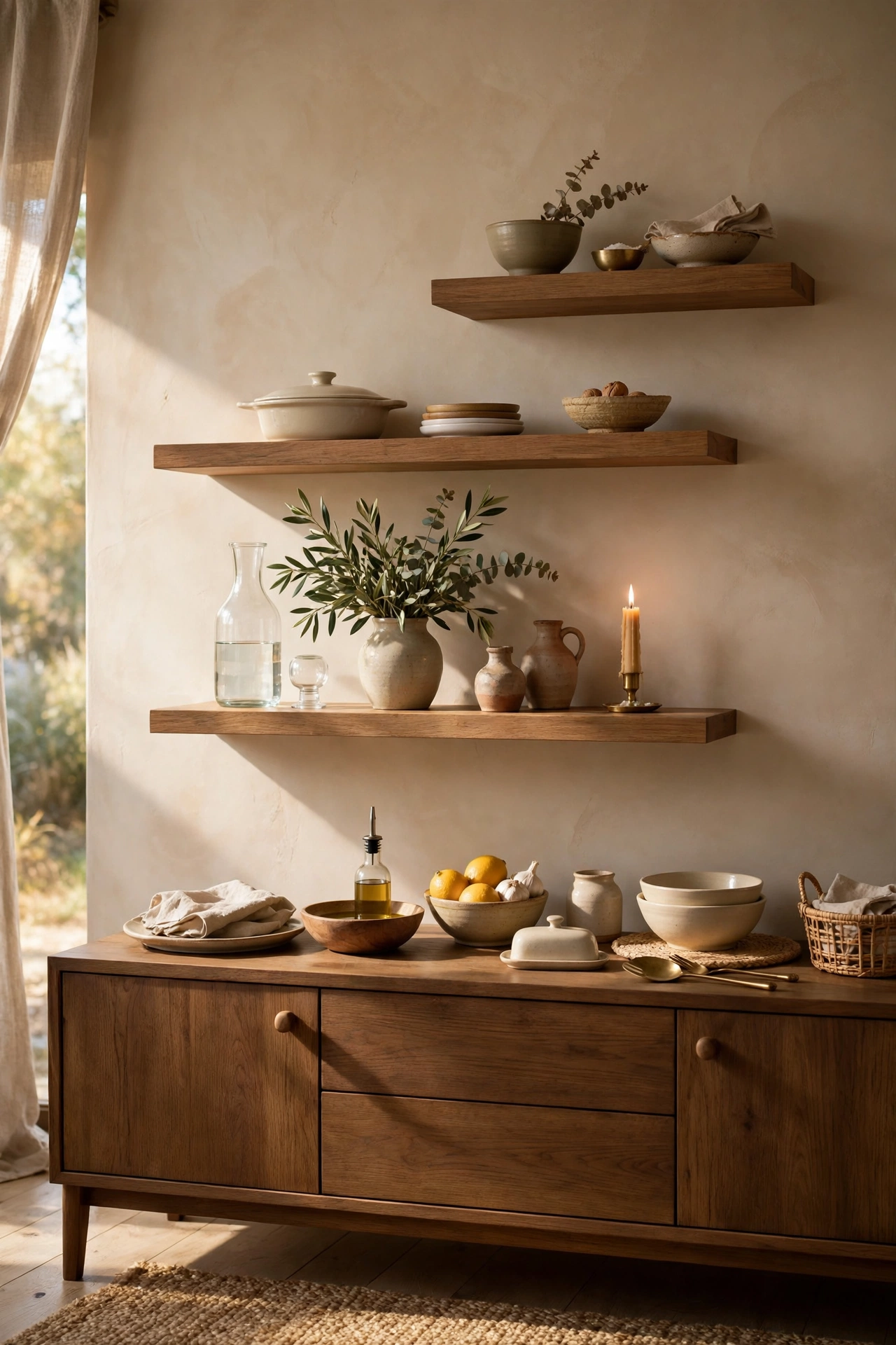 Dining room staggered shelves above a buffet sideboard