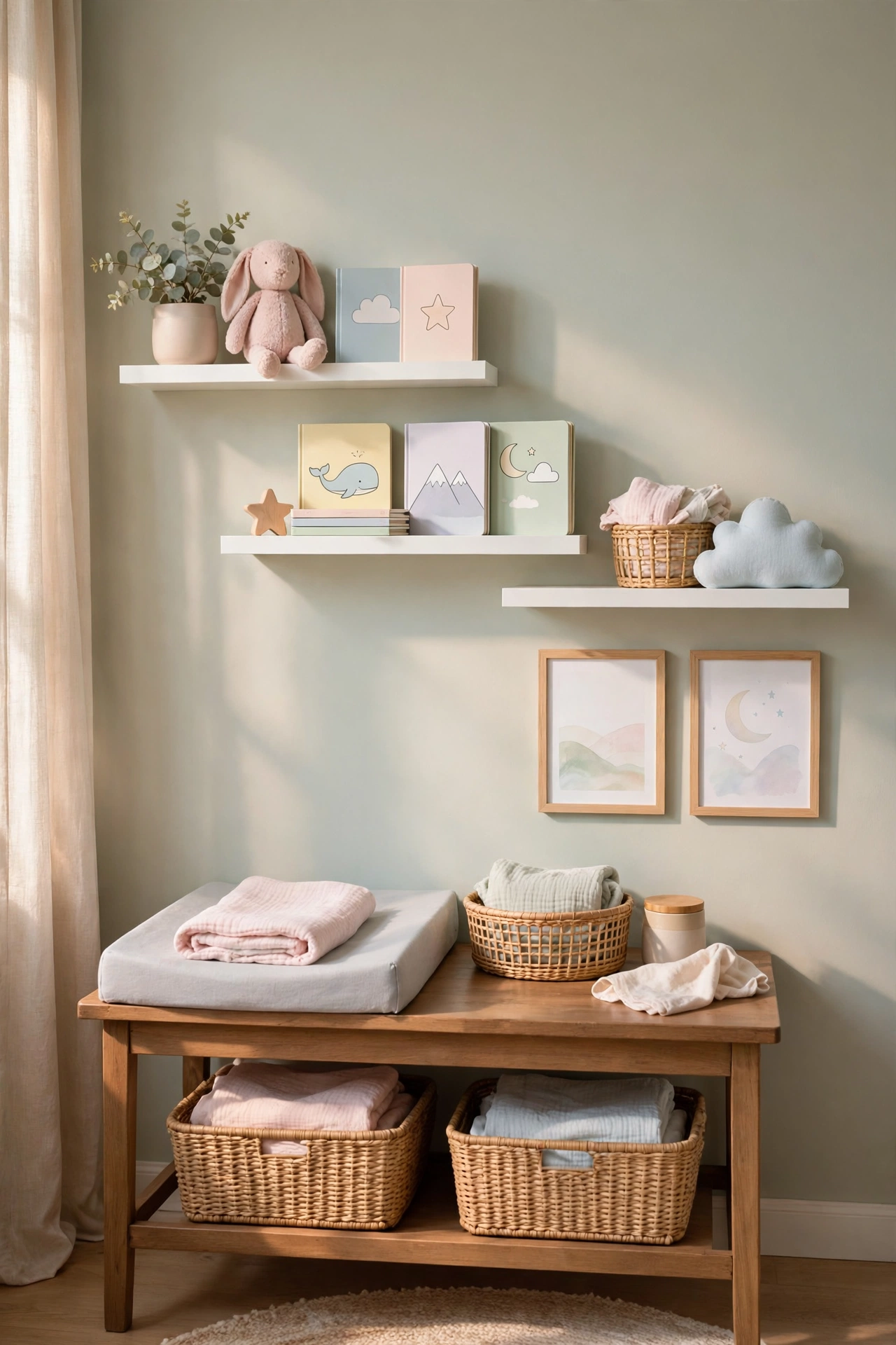 Nursery staggered shelves with board books and keepsakes