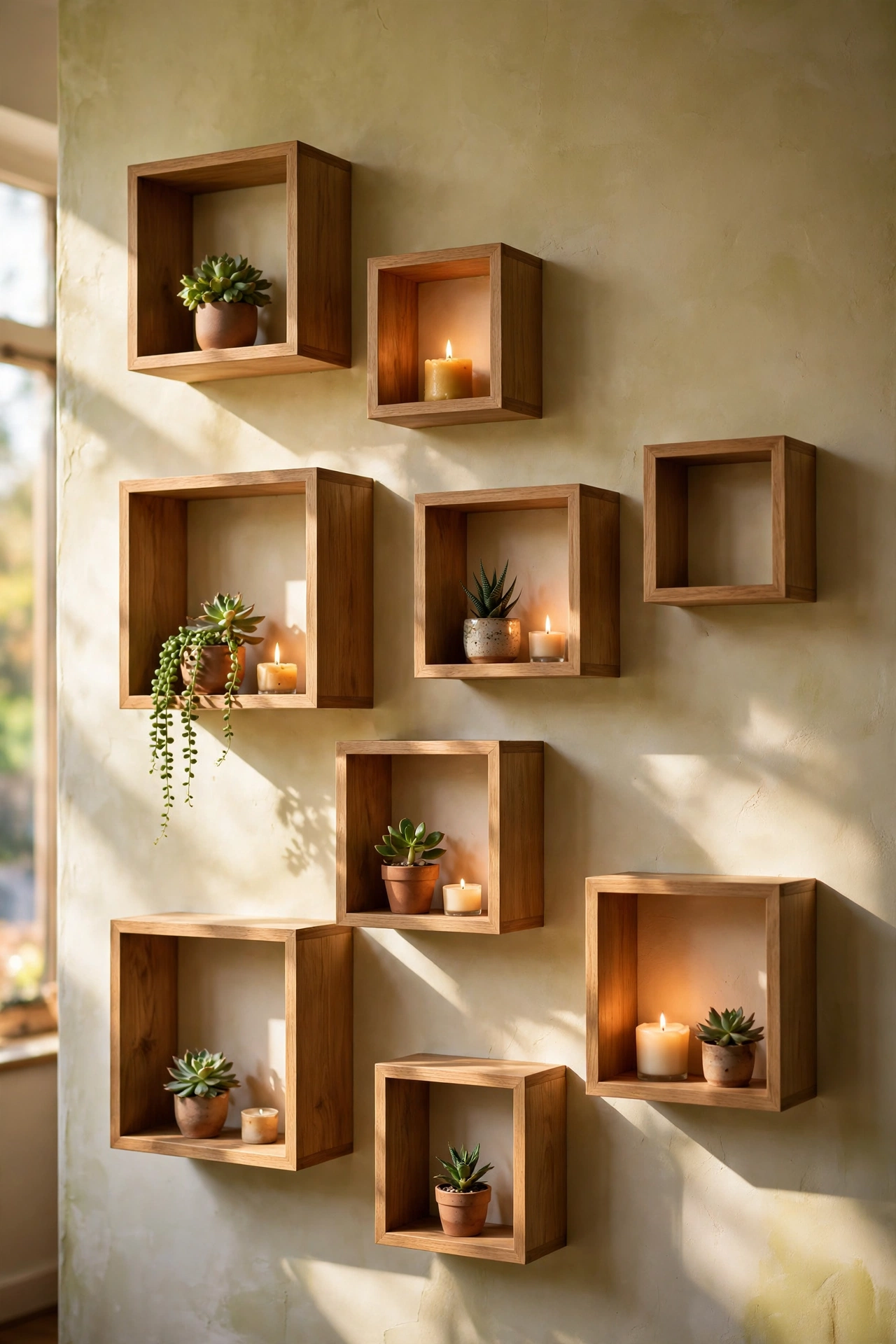 Box cube shelves arranged in a staggered pattern on a wall