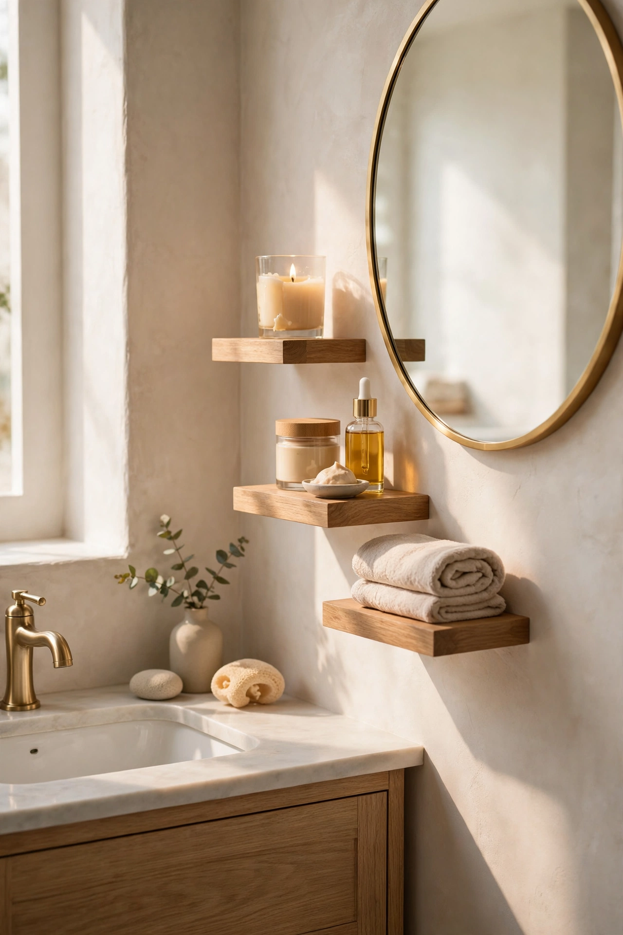 Bathroom vanity side wall with small staggered shelves