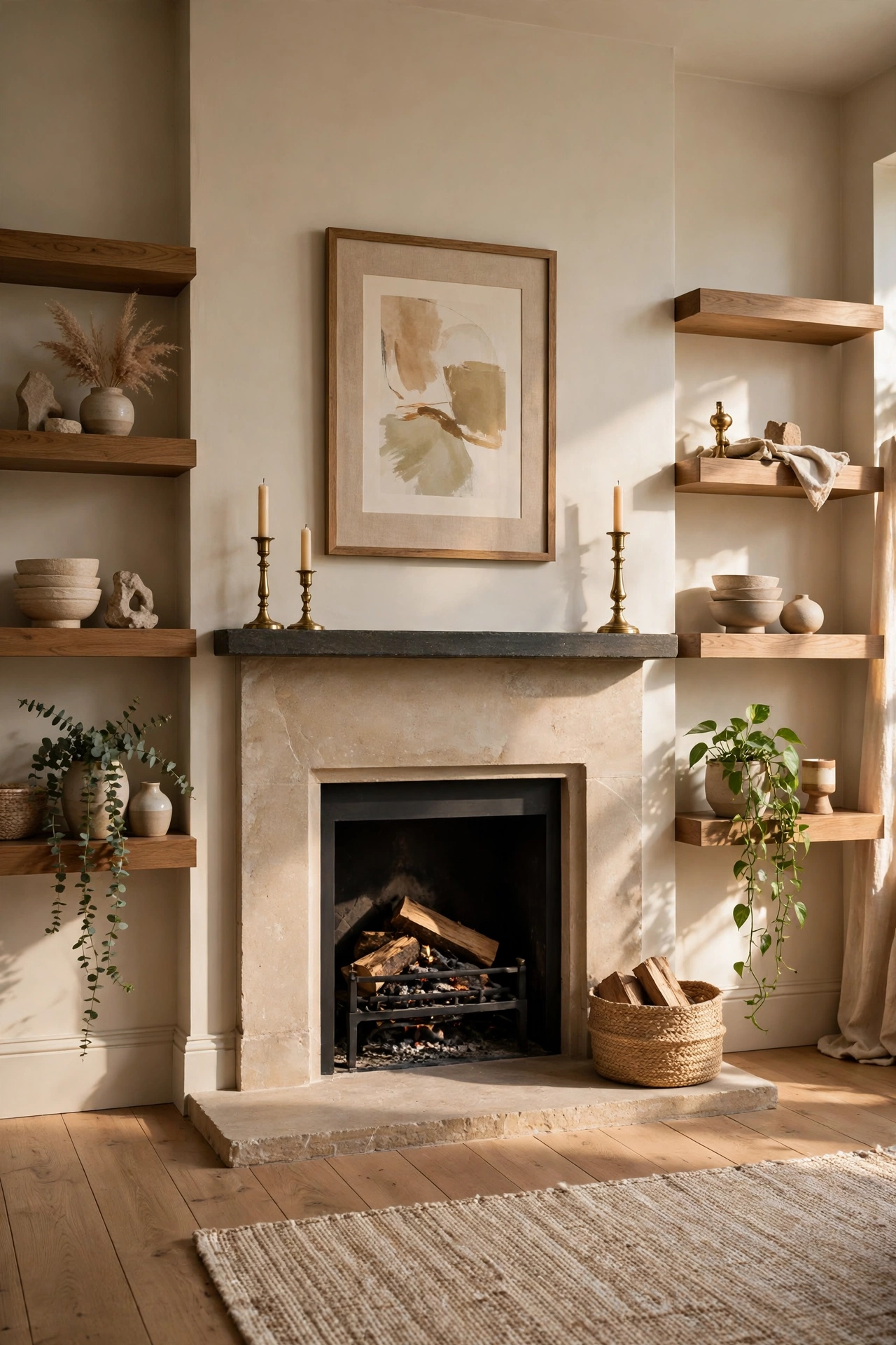 Fireplace mantel flanked by staggered floating shelves