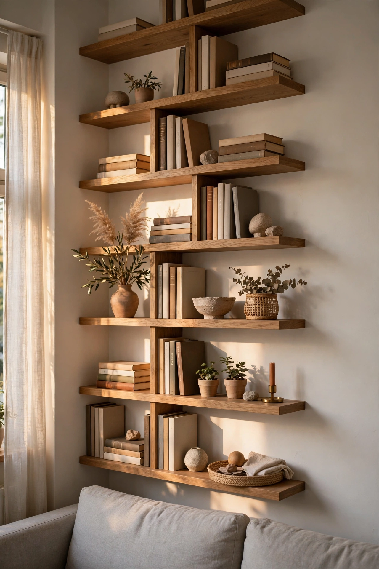 Small apartment wall with a tall vertical run of staggered shelves