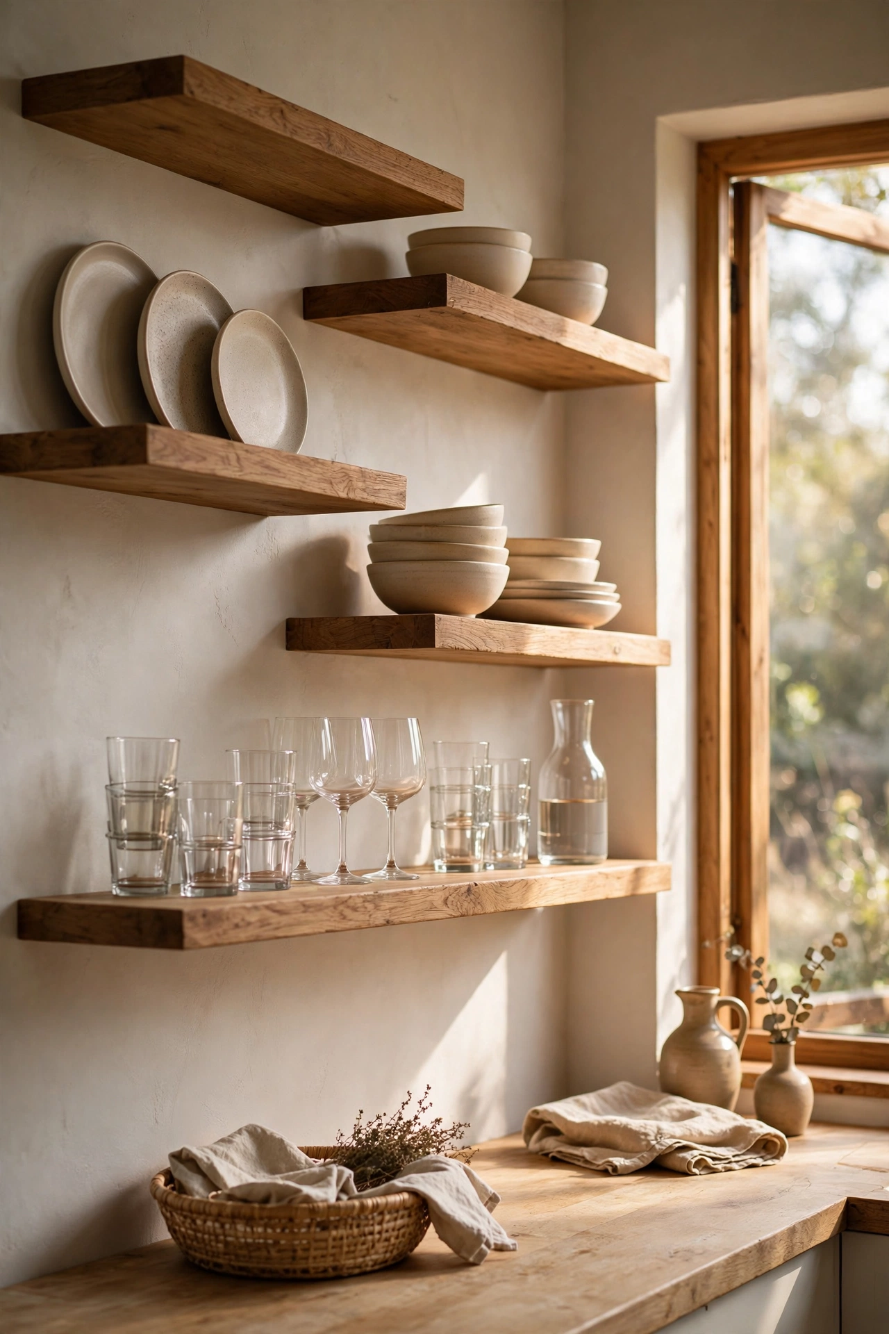 Kitchen open shelving with staggered shelves displaying plates and bowls