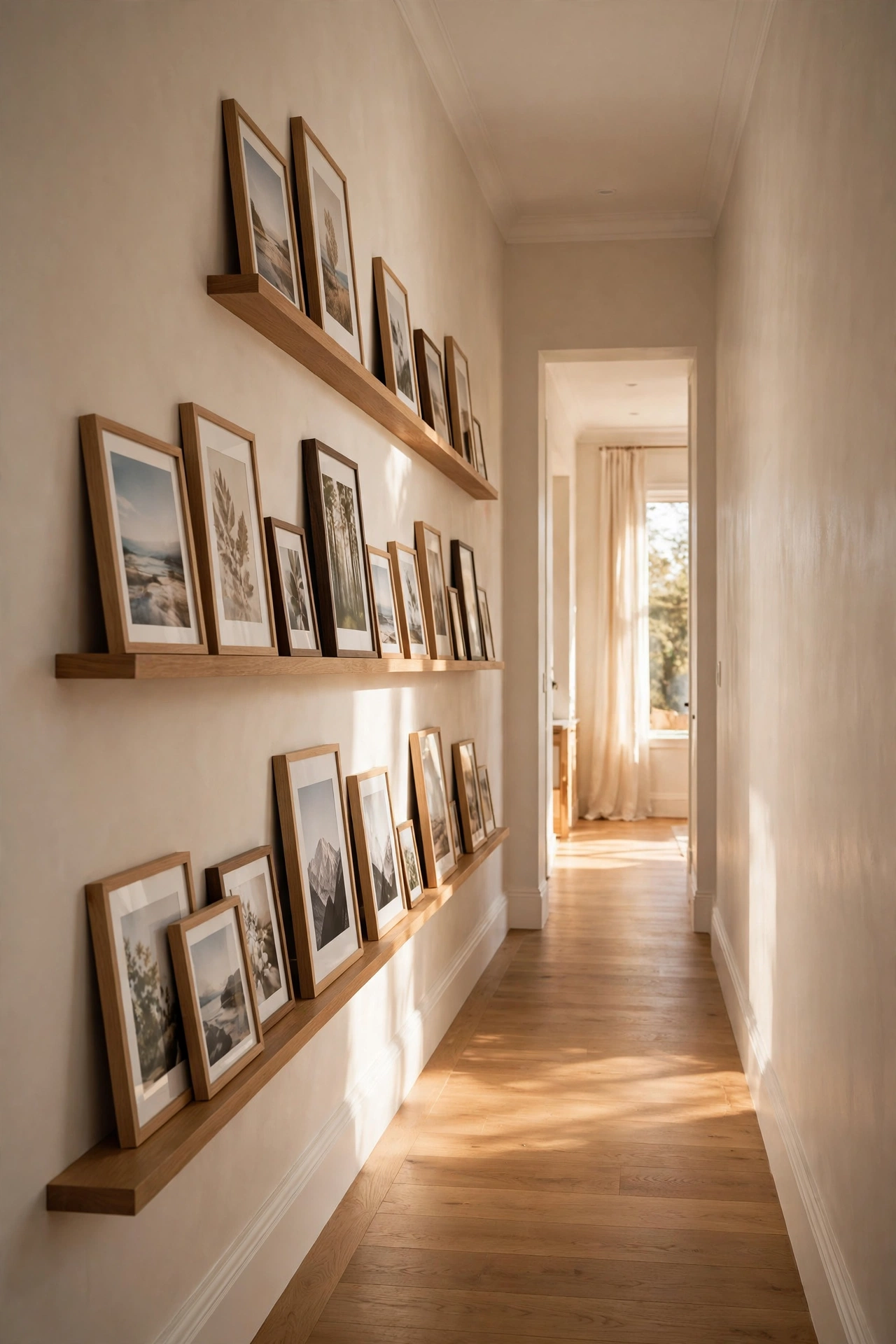 Hallway wall with staggered art ledges holding framed prints
