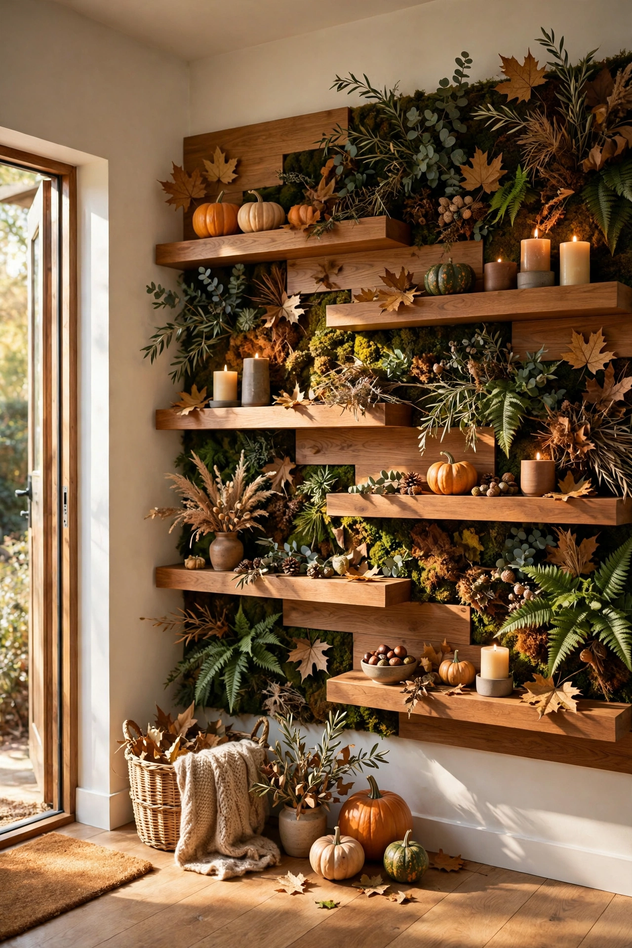 Staggered shelves styled for autumn with pumpkins and candles