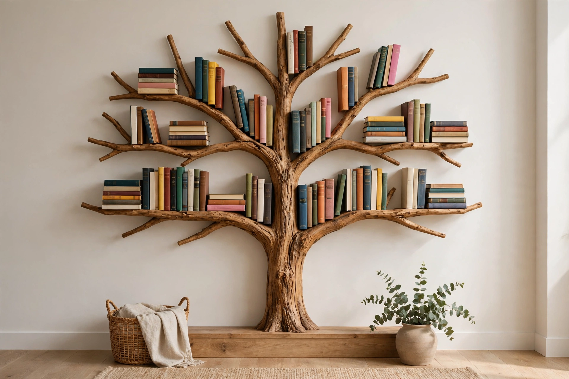 Classic wall-mounted tree bookshelf with a central trunk and spreading branches holding colorful books