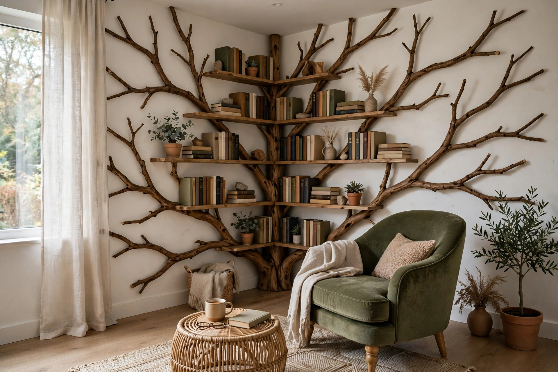 Tree bookshelf fitted into a room corner with branches wrapping around both walls