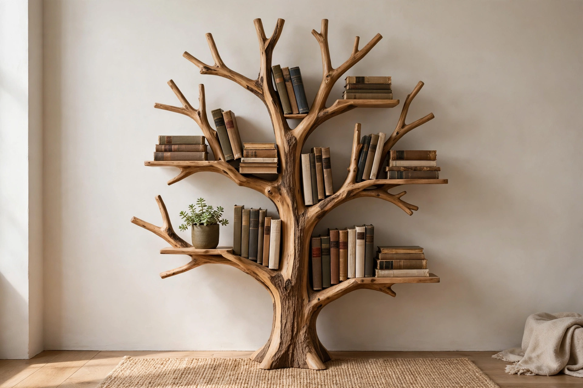Freestanding tree bookcase standing on the floor against a plain wall with books and plants