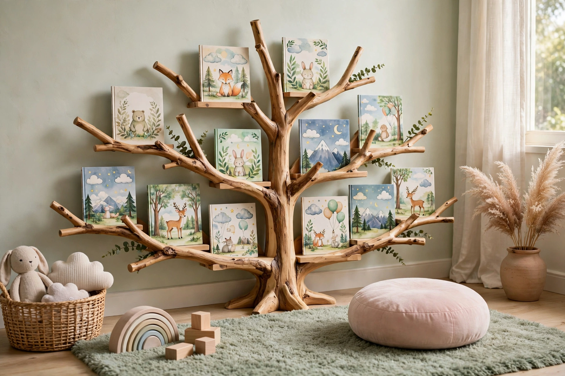 Low tree bookshelf in a children's room with picture books facing out on low branches and soft toys