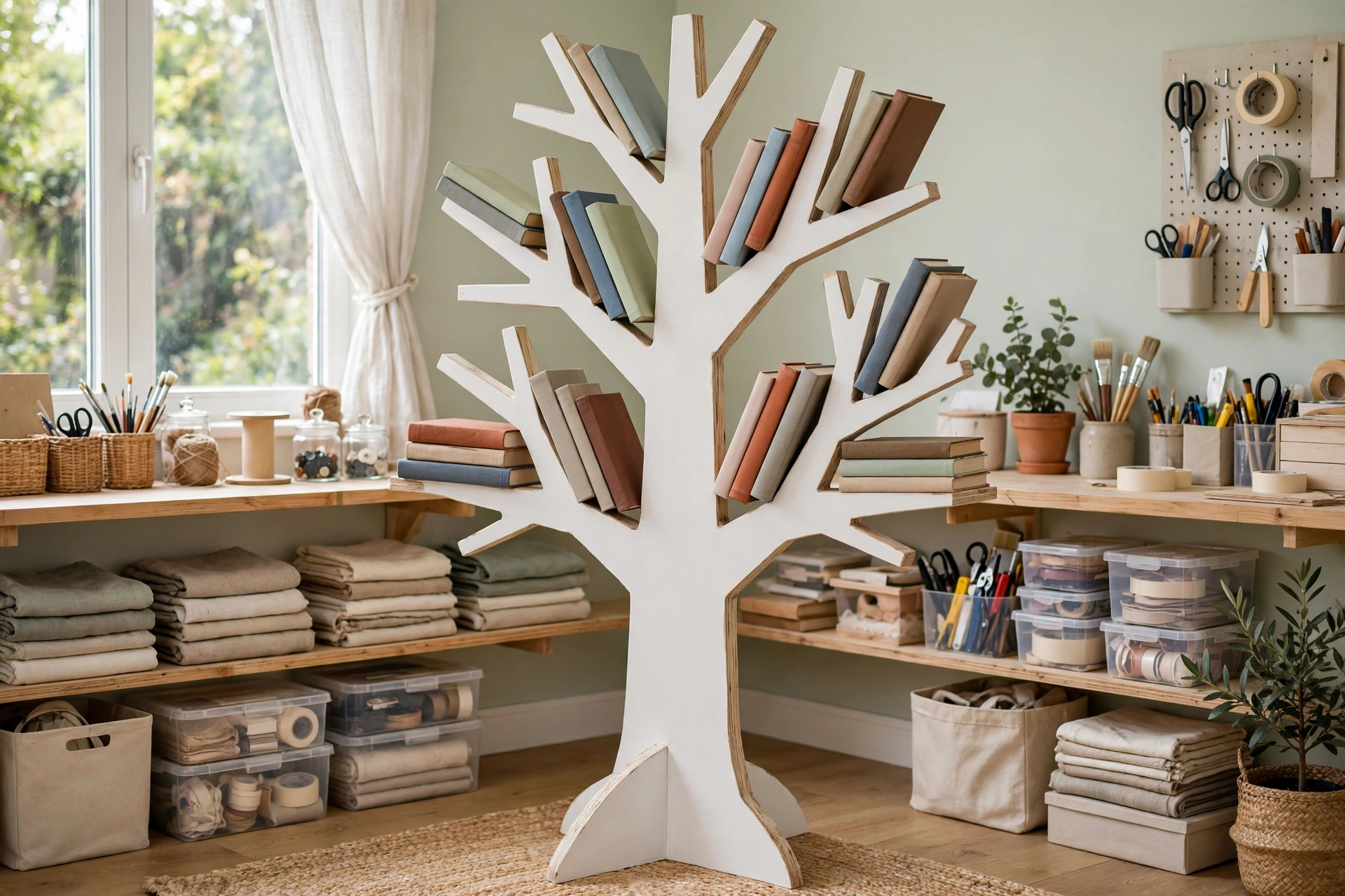 DIY plywood tree bookshelf being built with a jigsaw cut tree shape and painted branches