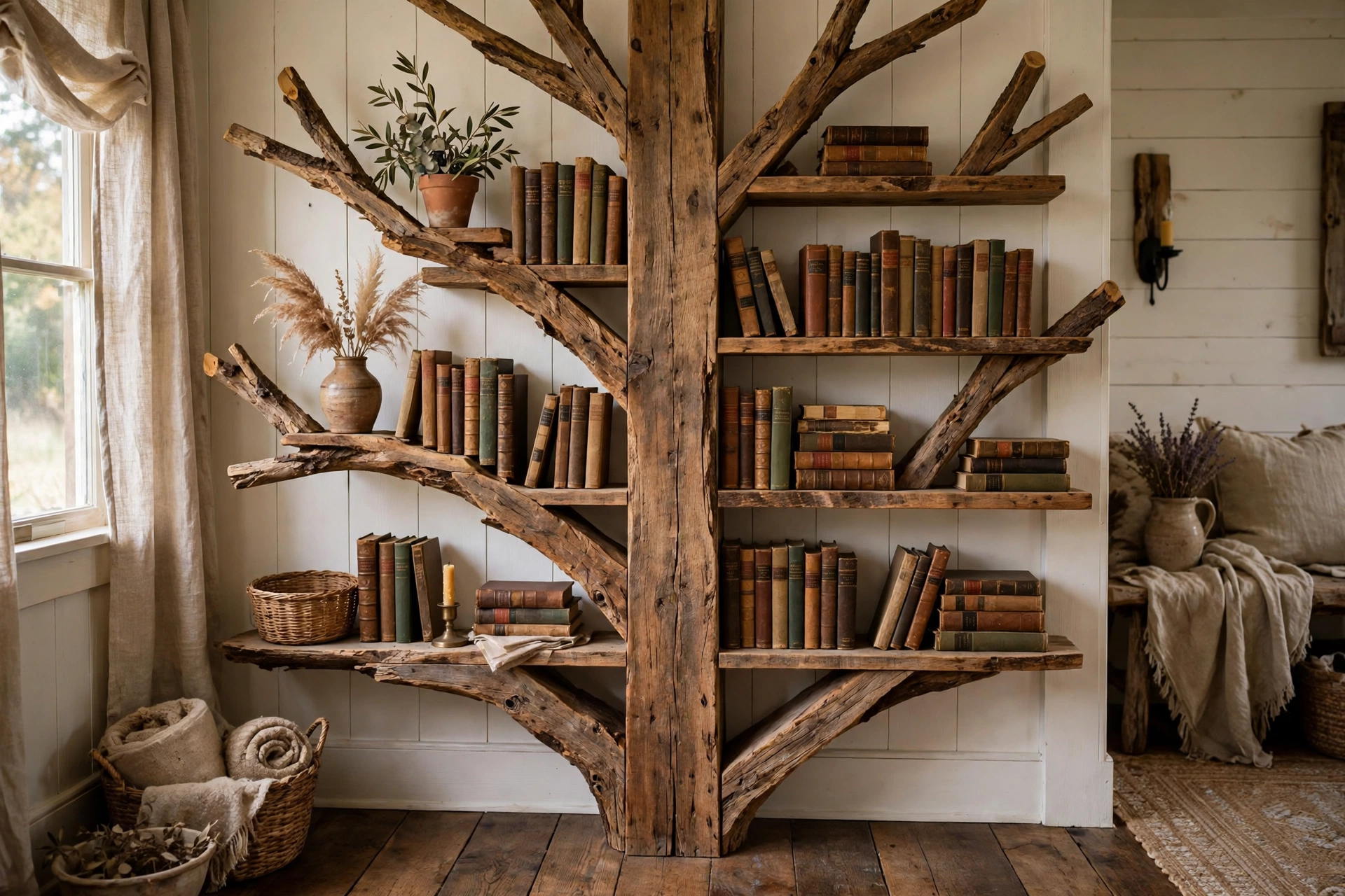 Rustic tree bookshelf made from reclaimed wood planks with warm grain and vintage books