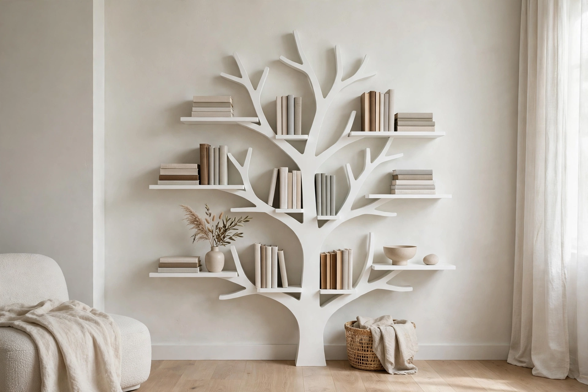 Minimalist white tree bookshelf on a pale wall with neatly arranged books and little clutter