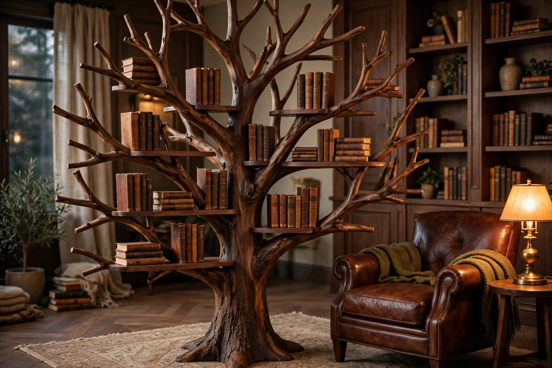 Dark walnut tree bookshelf in a home library with leather books and warm lamp light