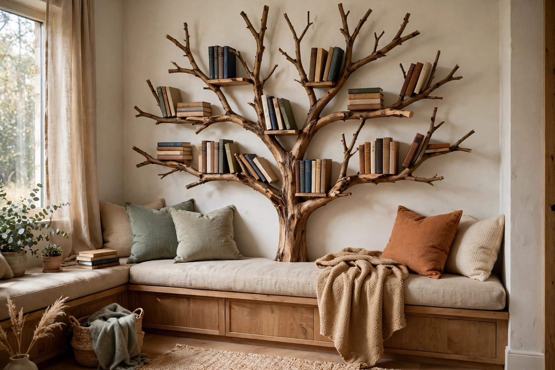 Tree bookshelf above a built-in reading bench with cushions and a throw blanket