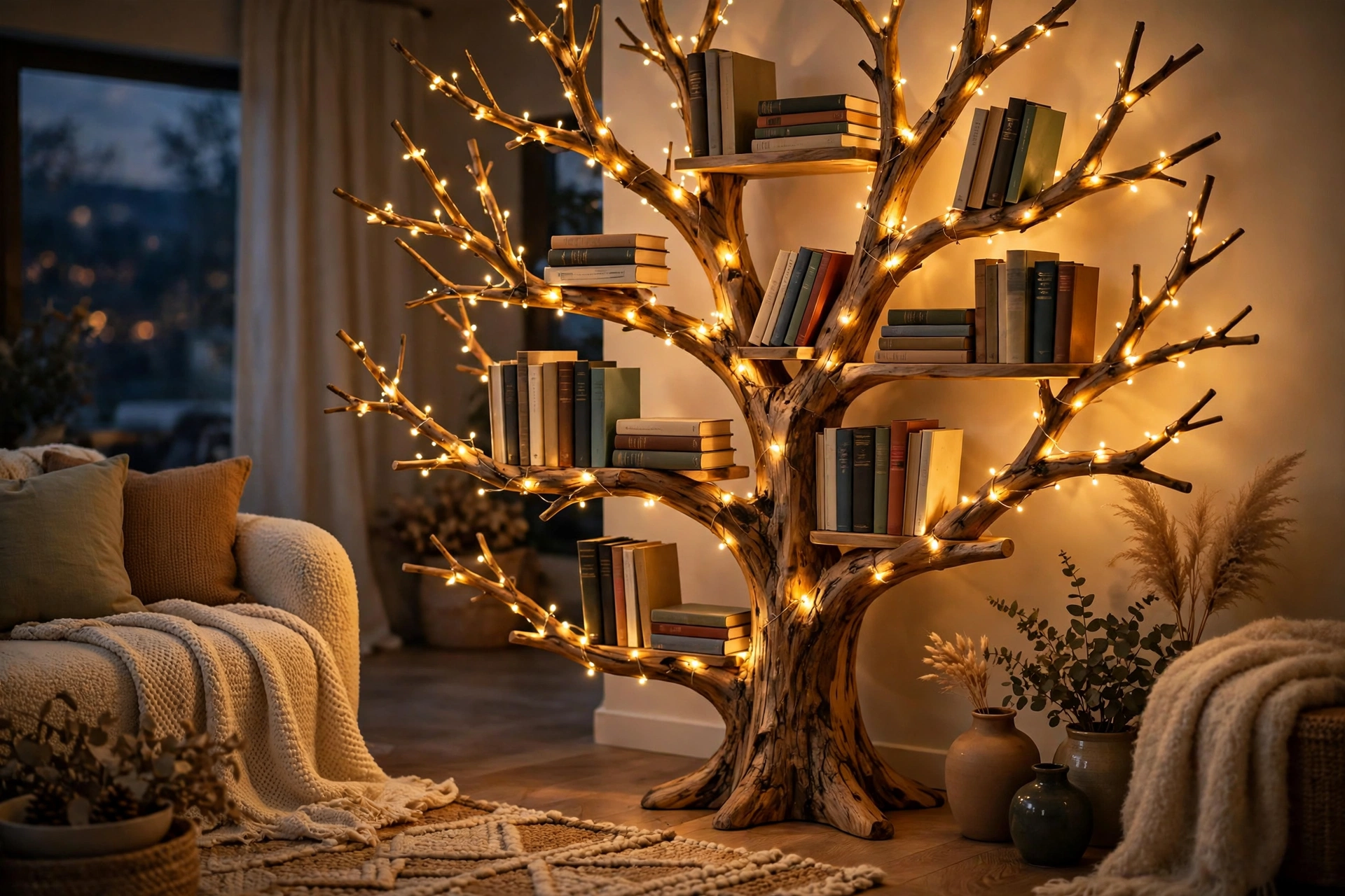 Tree bookshelf decorated with warm fairy lights glowing along the branches in the evening
