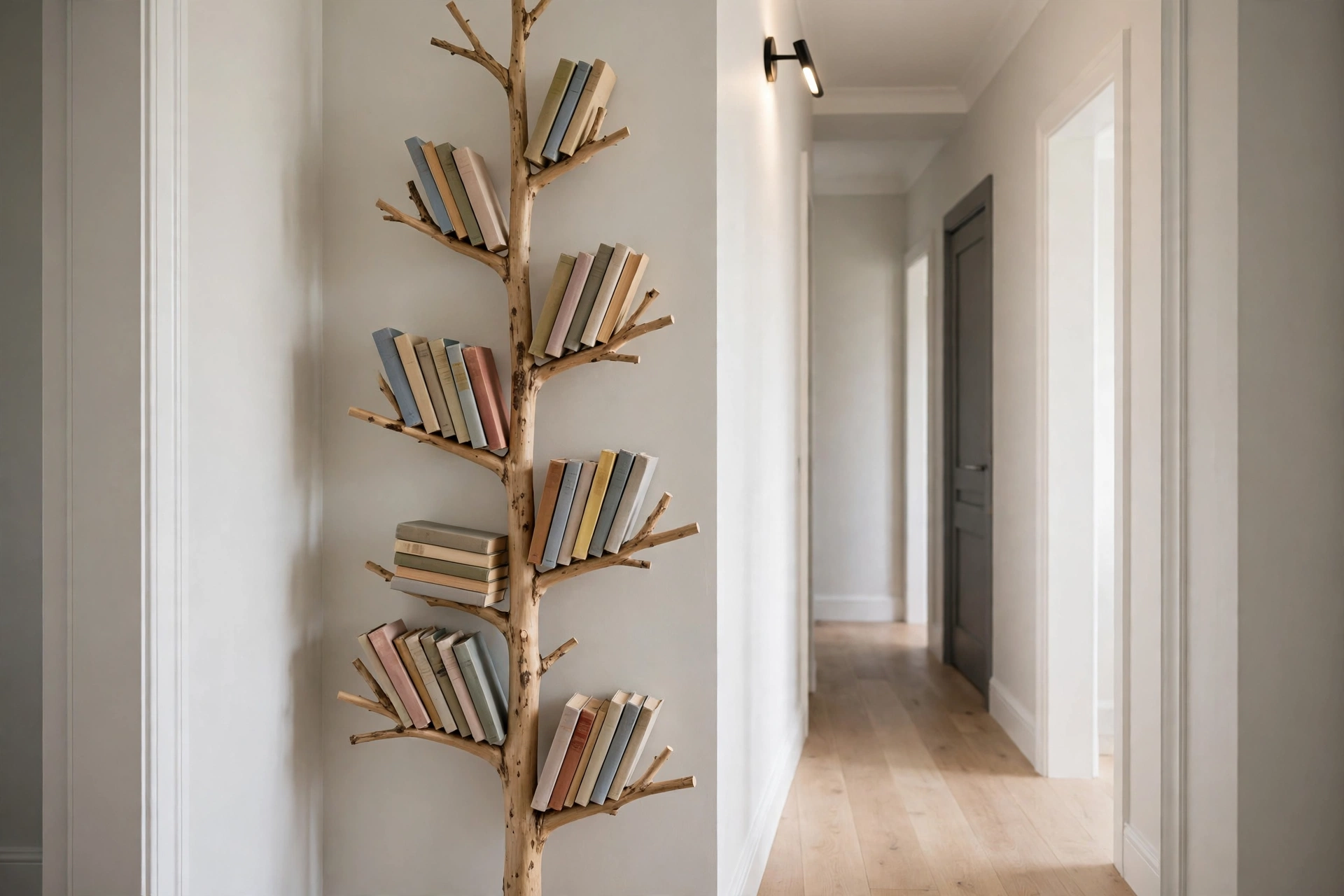 Slim narrow tree bookshelf in a hallway with books arranged vertically on short branches