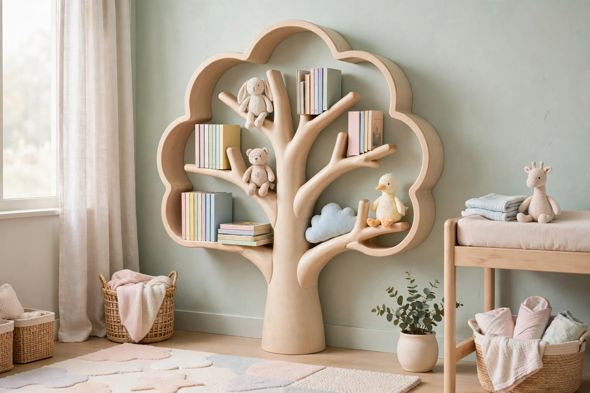Soft rounded tree bookshelf in a nursery with board books and plush toys on low branches