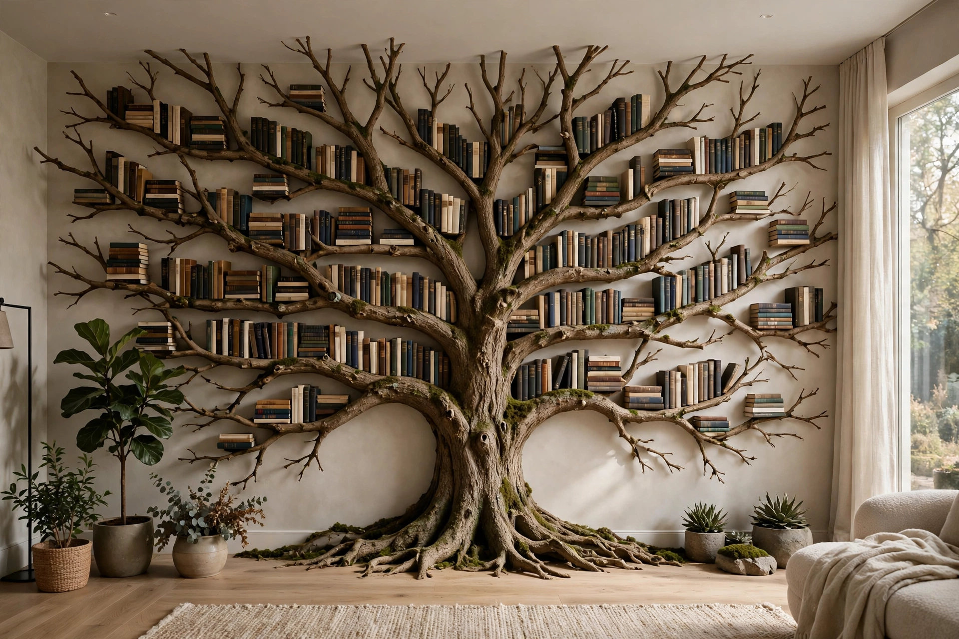 Large full-wall tree bookcase covering a whole wall with hundreds of books on long branches