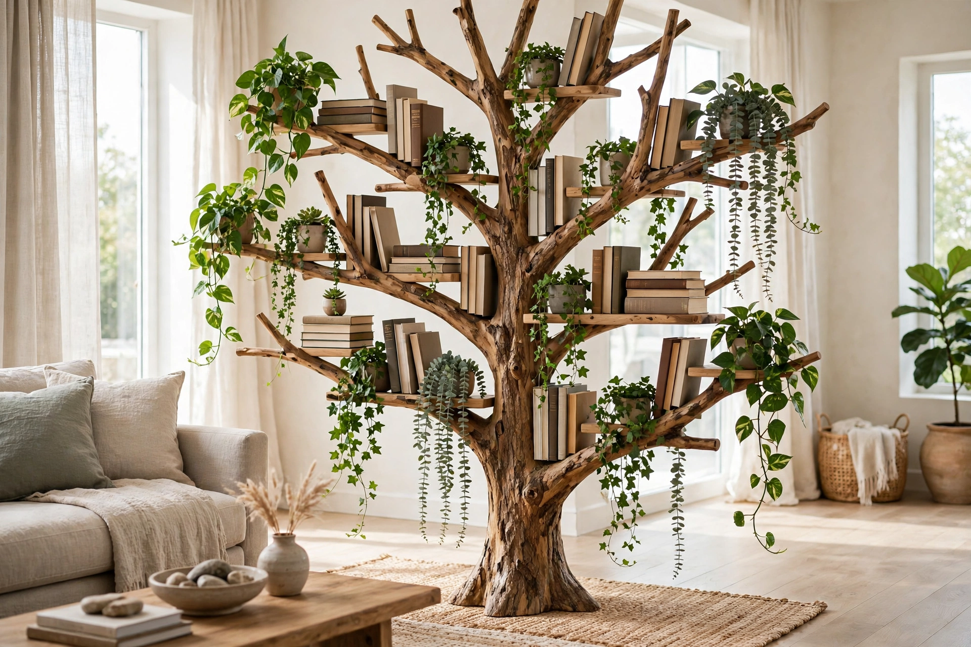 Tree bookshelf styled with trailing plants and books together on the branches