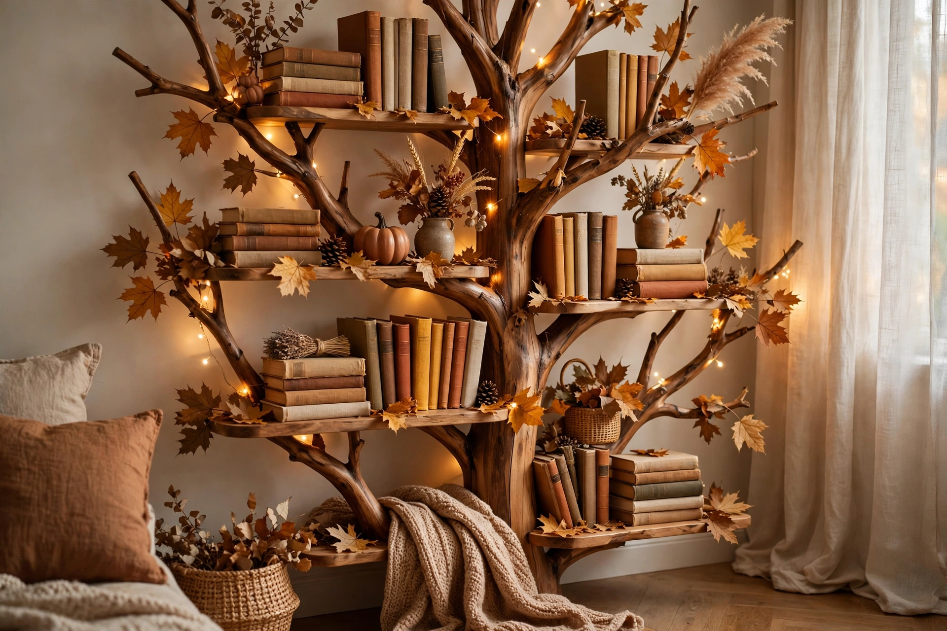 Tree bookshelf styled seasonally with autumn leaves and warm lights for fall decor
