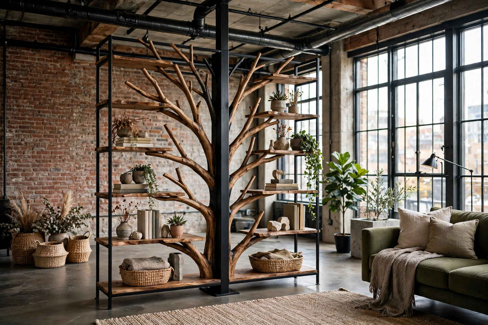 Industrial tree bookshelf with a black metal frame and wooden branch shelves in a loft room