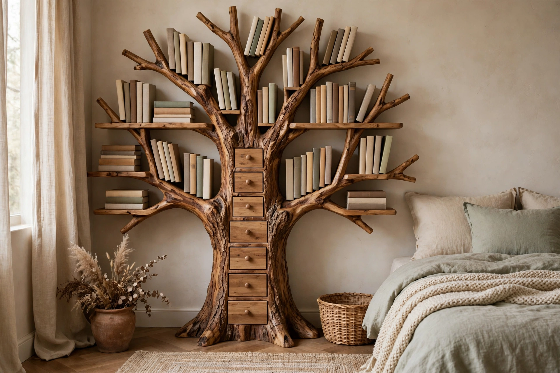 Tree bookshelf with small drawers built into the trunk for hidden storage