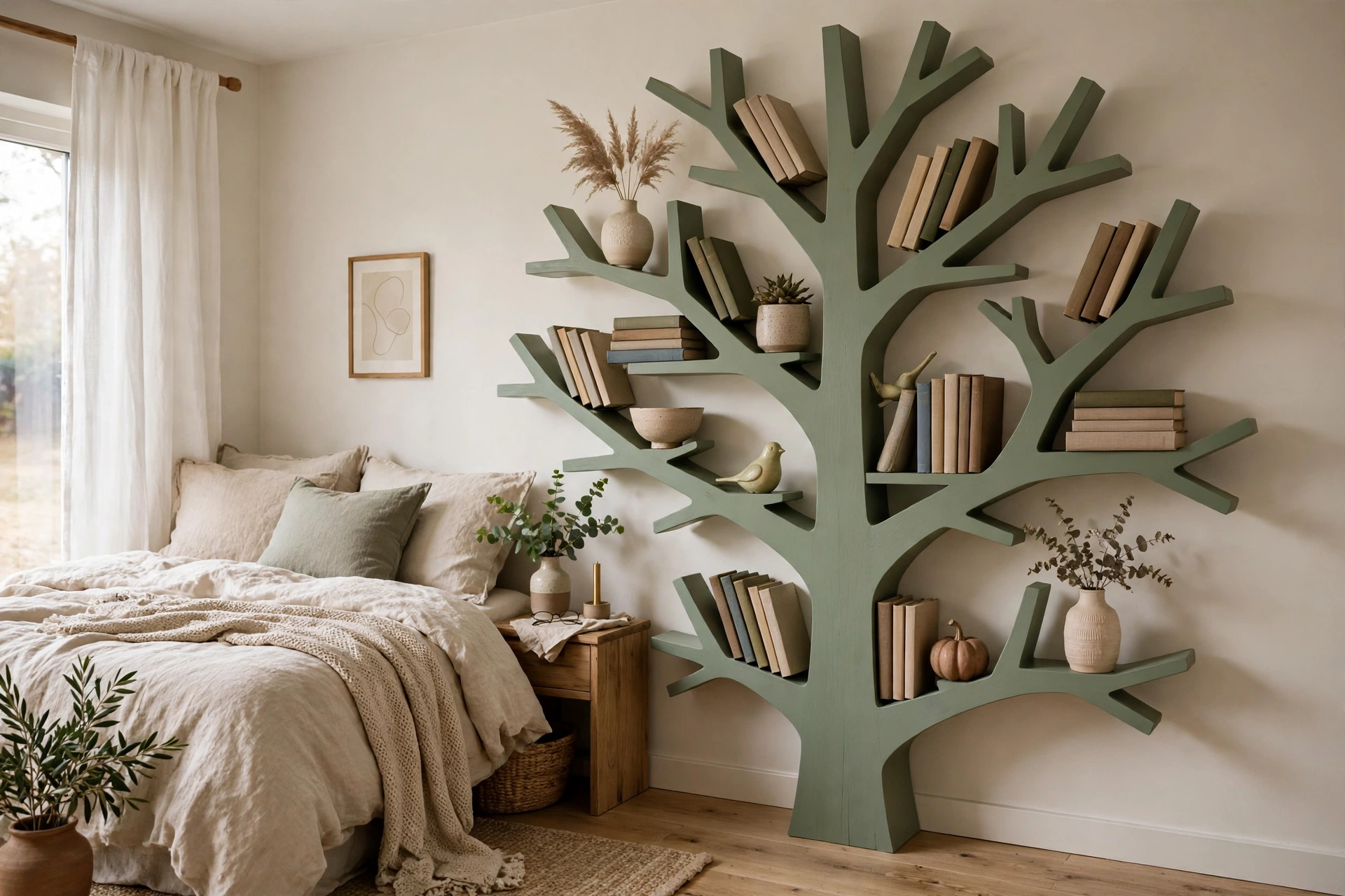 Sage green painted tree bookshelf in a bedroom with books and ceramic decor