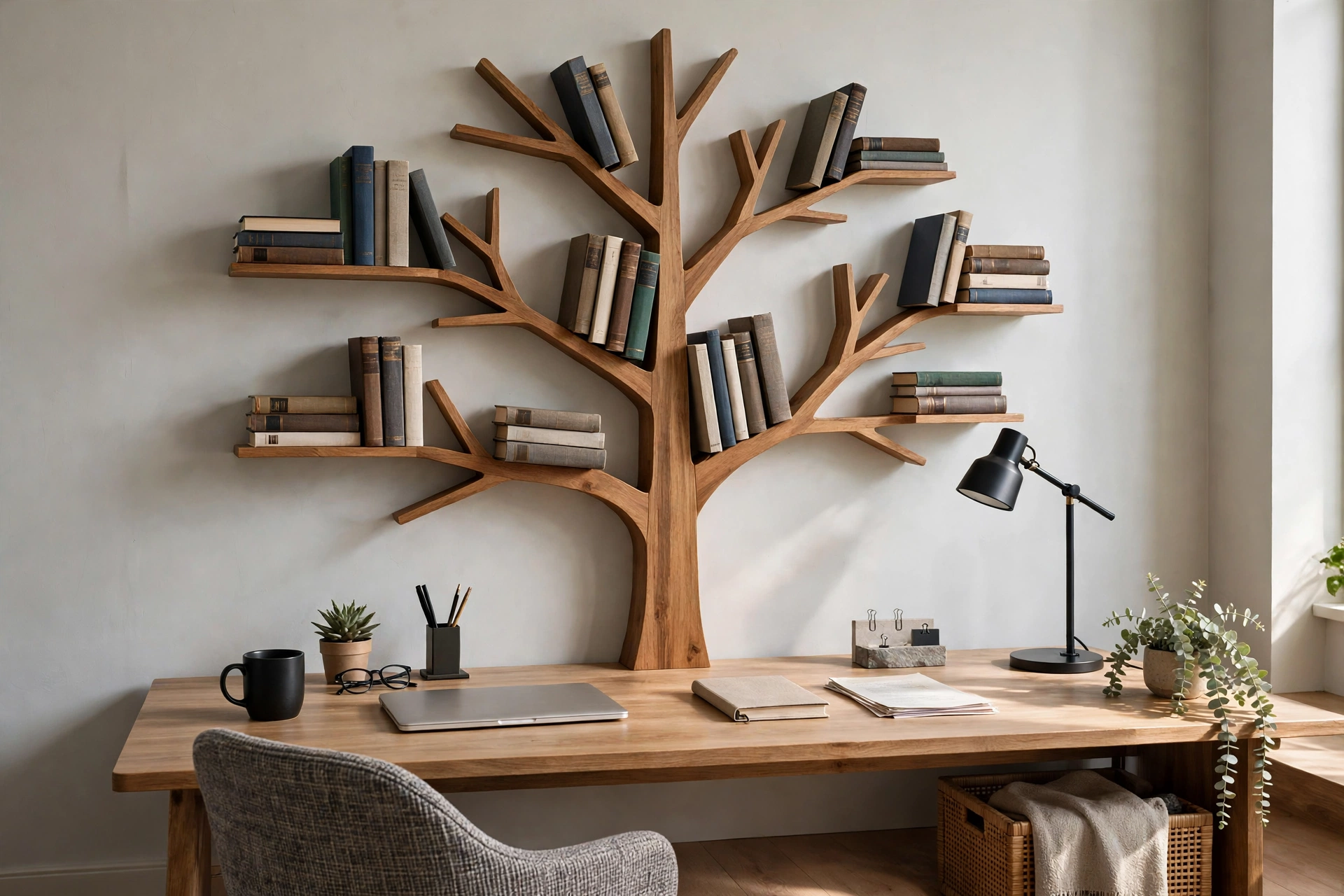 Tree bookshelf mounted above a home office desk with reference books and stationery