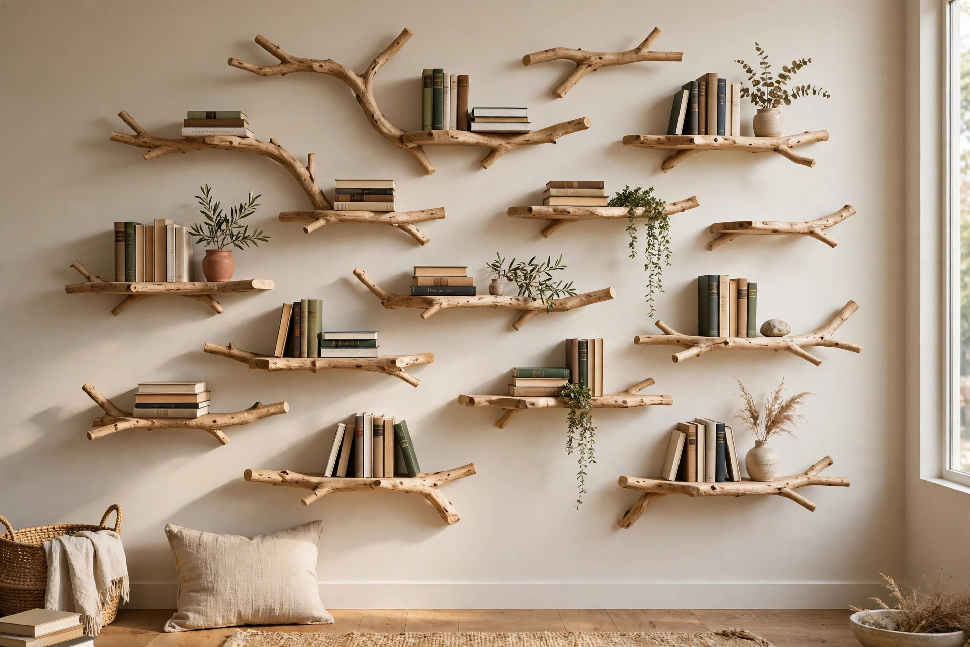 Floating branch shelves arranged like a tree shape on a wall without a visible trunk