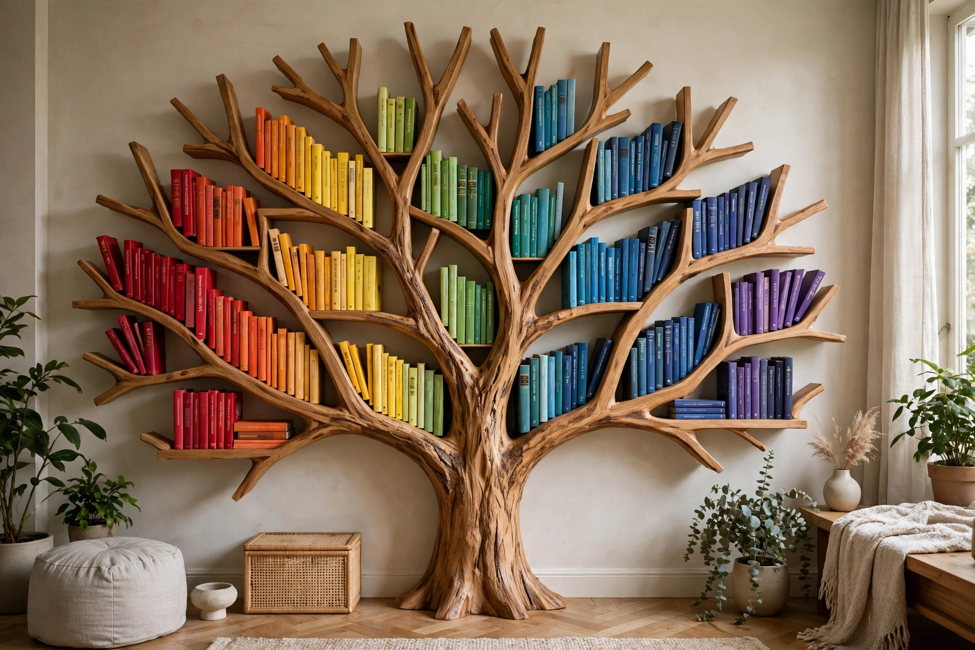 Tree bookshelf with books sorted by spine color creating a rainbow effect across branches