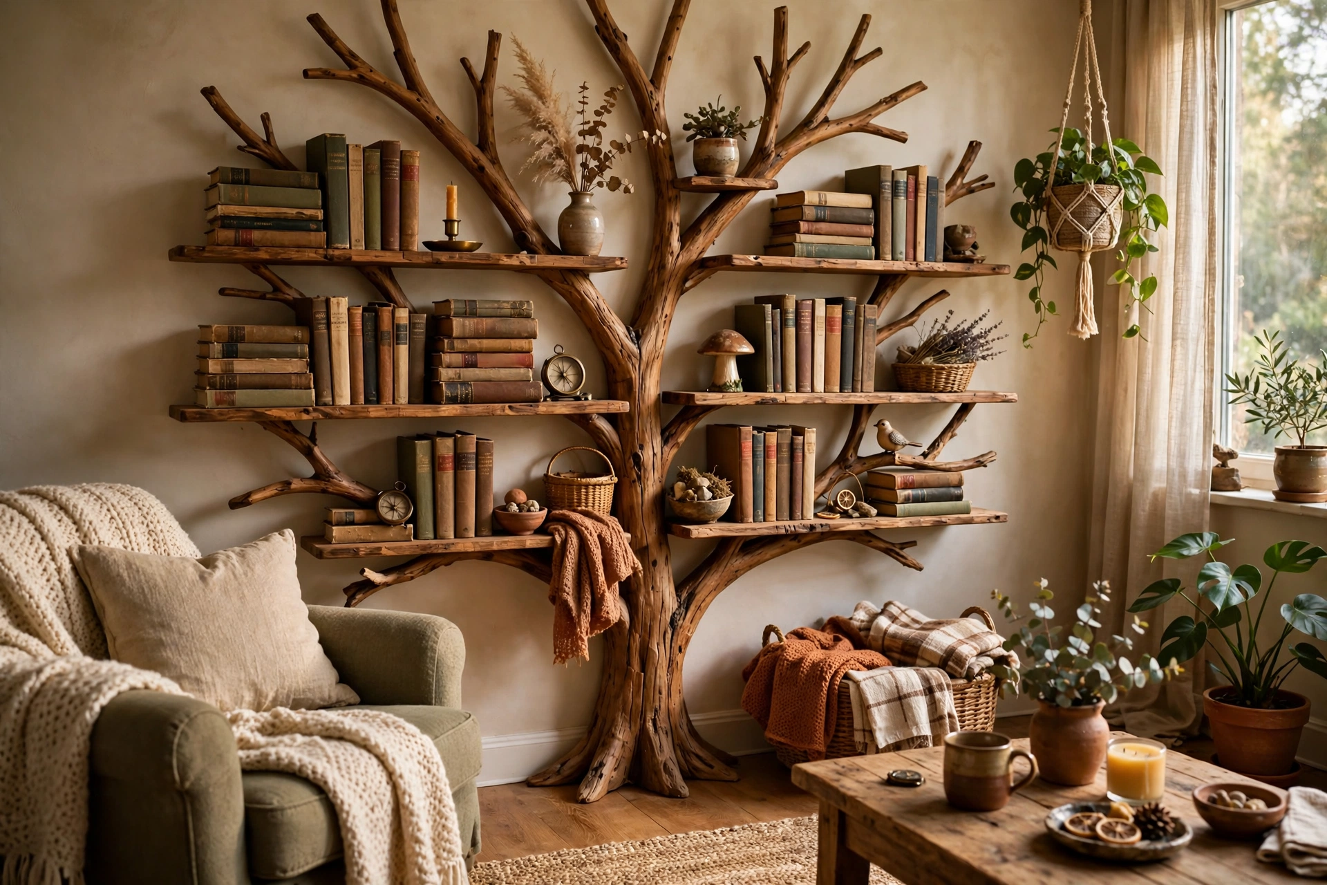 Budget tree bookshelf styled with thrifted books and secondhand decor in a cozy room