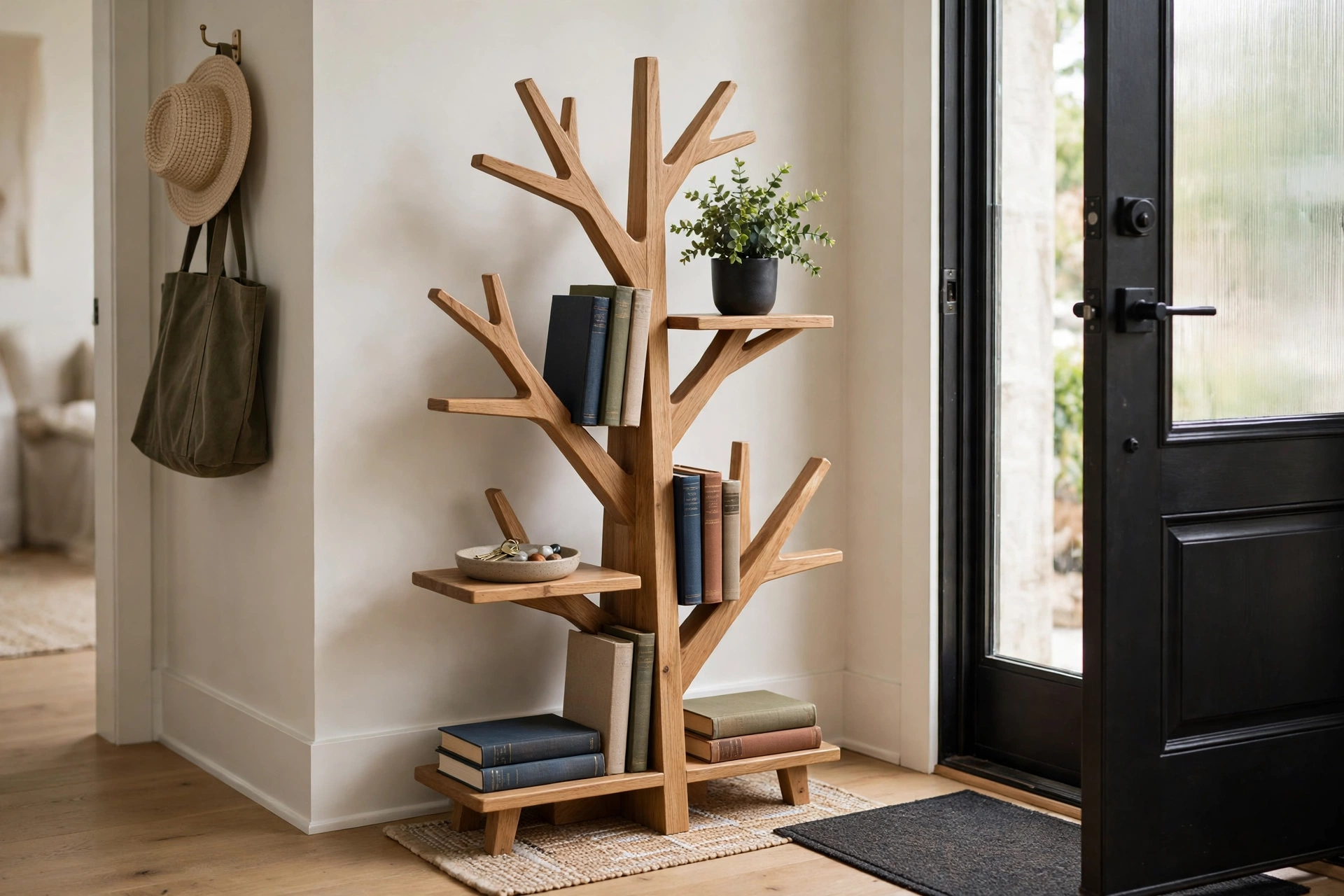 Small tree bookshelf in an entryway holding books keys and small essentials near the door